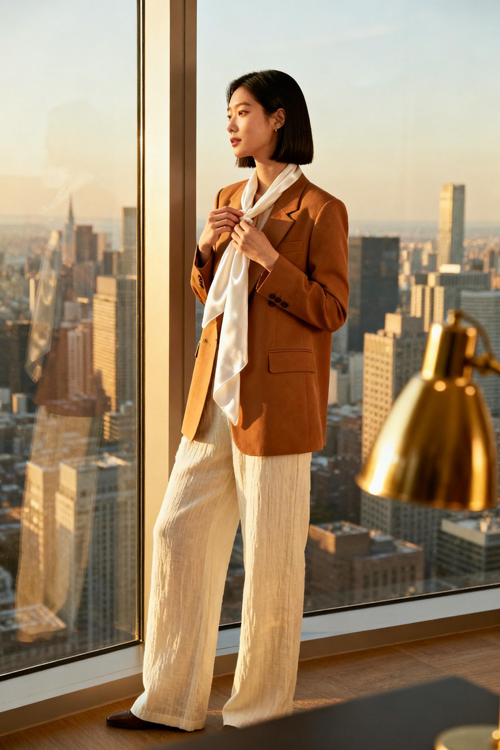 Mid Size Office Outfits - caramel blazer linen trousers