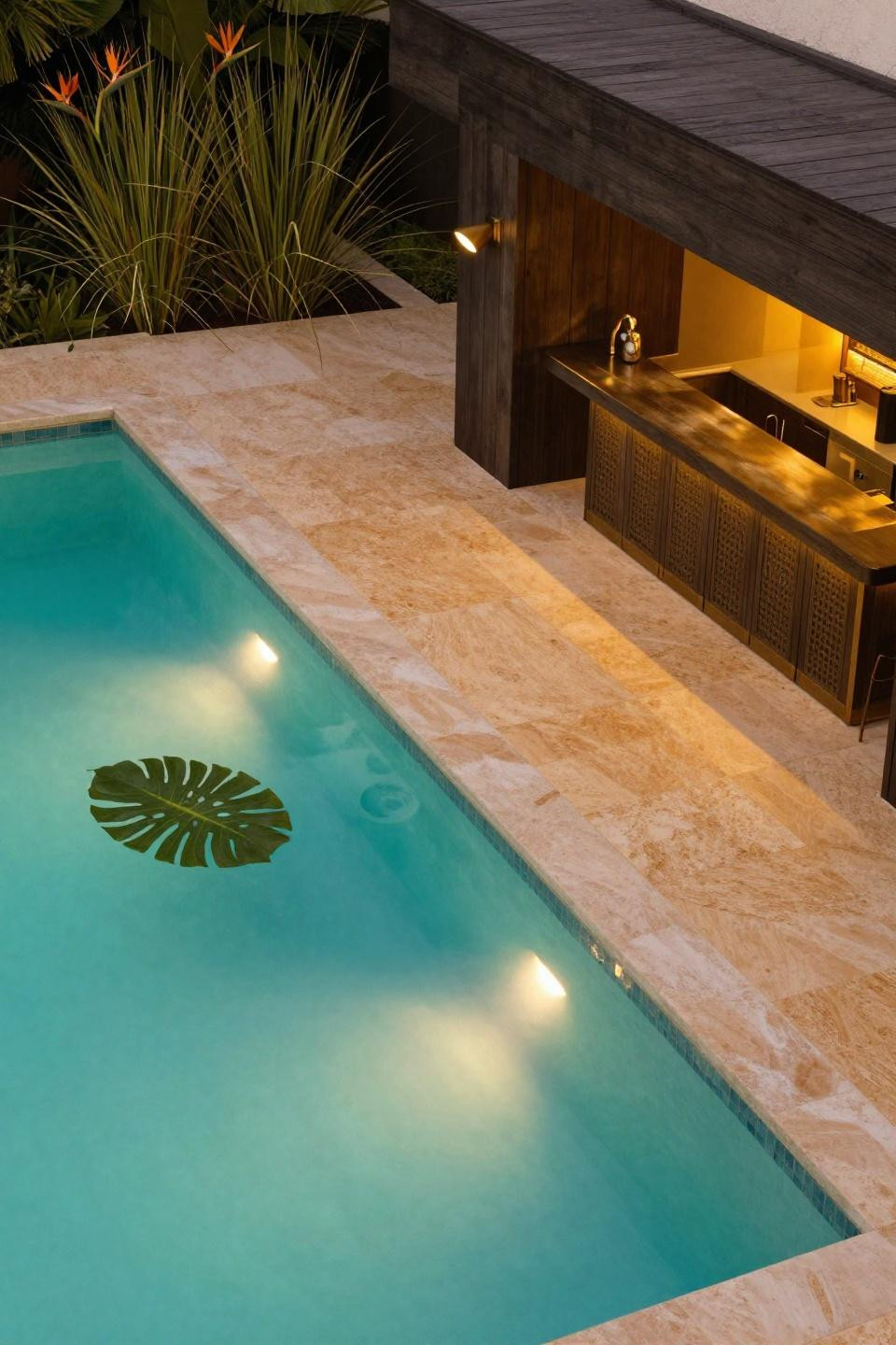 Grow a garden Roblox ideas featuring turquoise pool with travertine deck