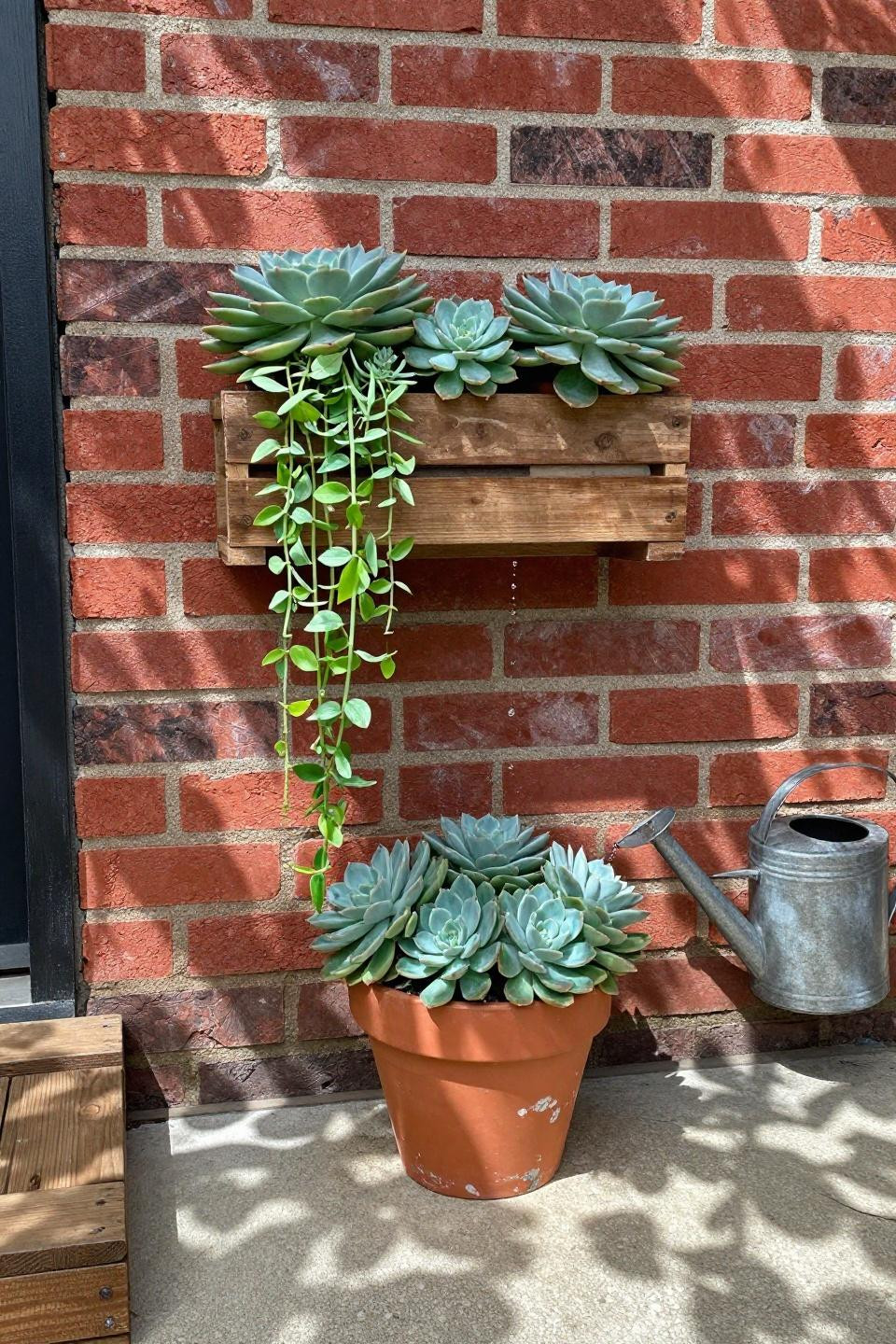 Grow a garden Roblox ideas showing vertical pallet system against red brick