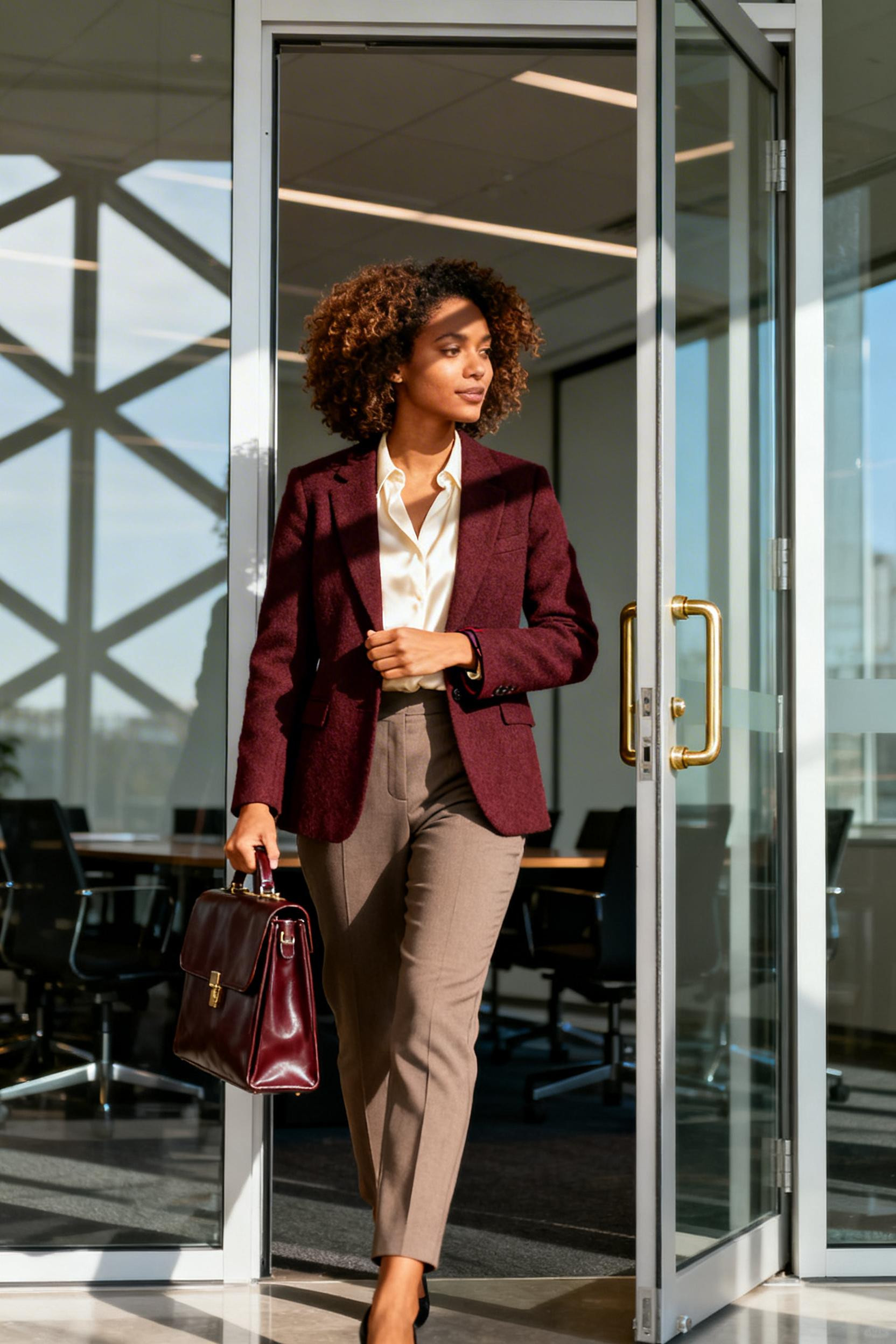 Midsize Business Casual Outfits - burgundy blazer taupe trousers