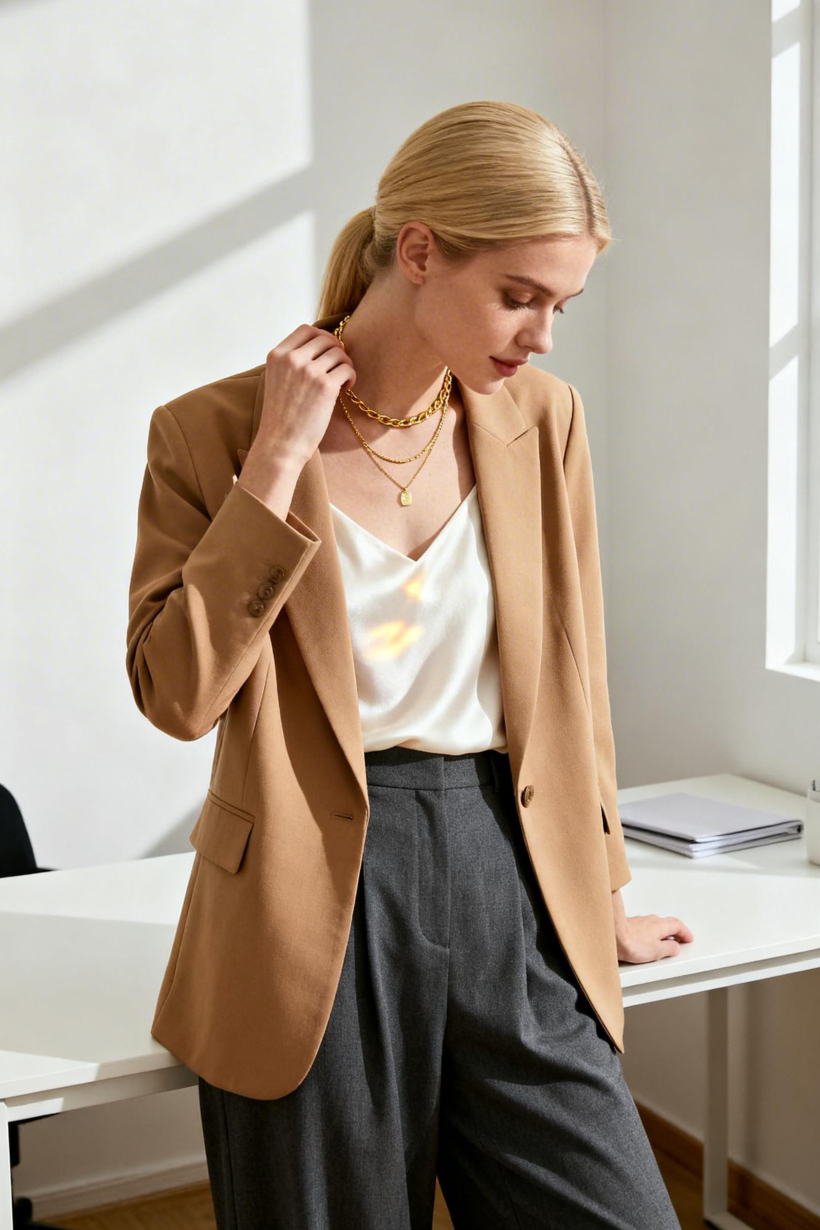 Business Casual Outfits Mid Size - camel blazer grey trousers