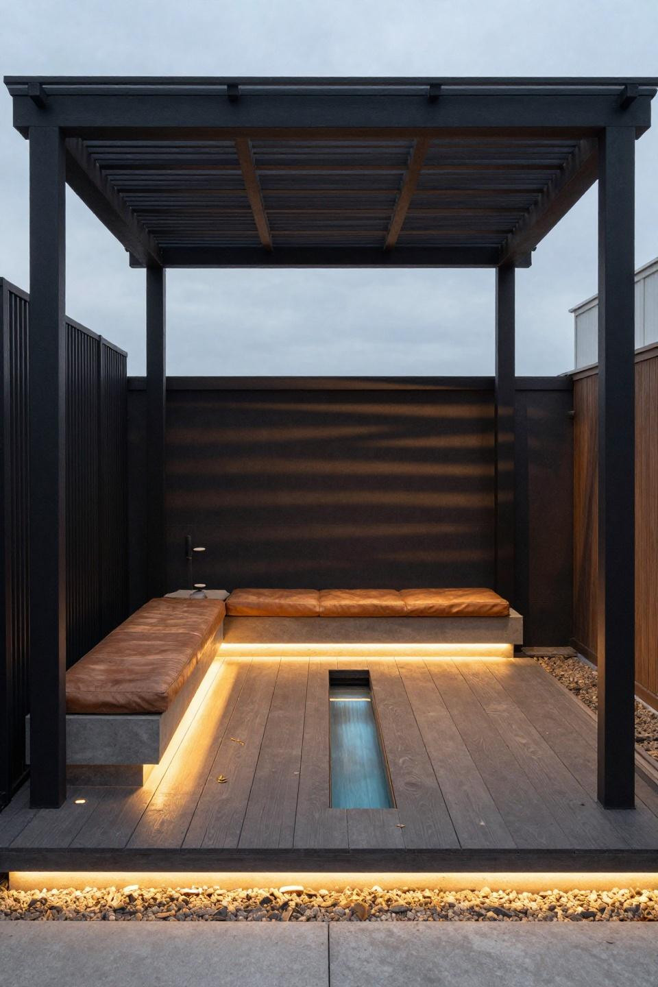 Grow a garden Roblox ideas with black pergola and amber LED lighting