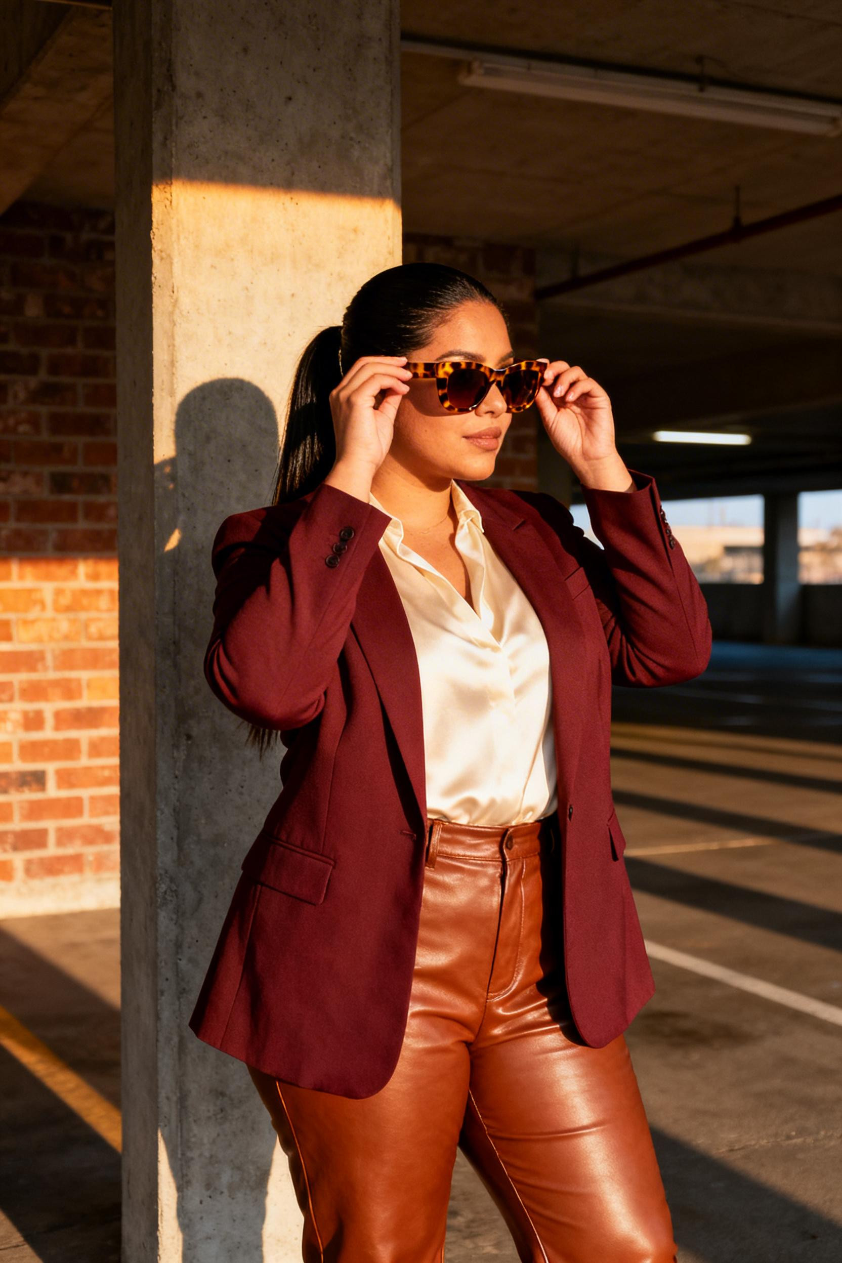 Midsize Business Casual - burgundy blazer cognac leather
