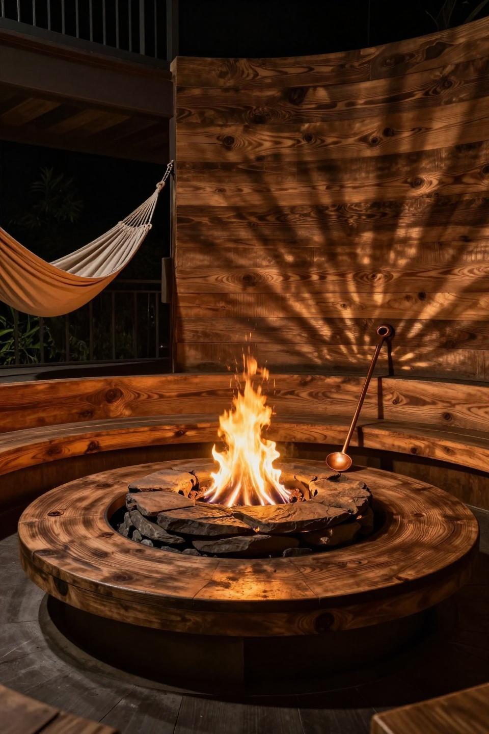 Grow a garden Roblox ideas featuring concentric cedar benches around slate fireplace