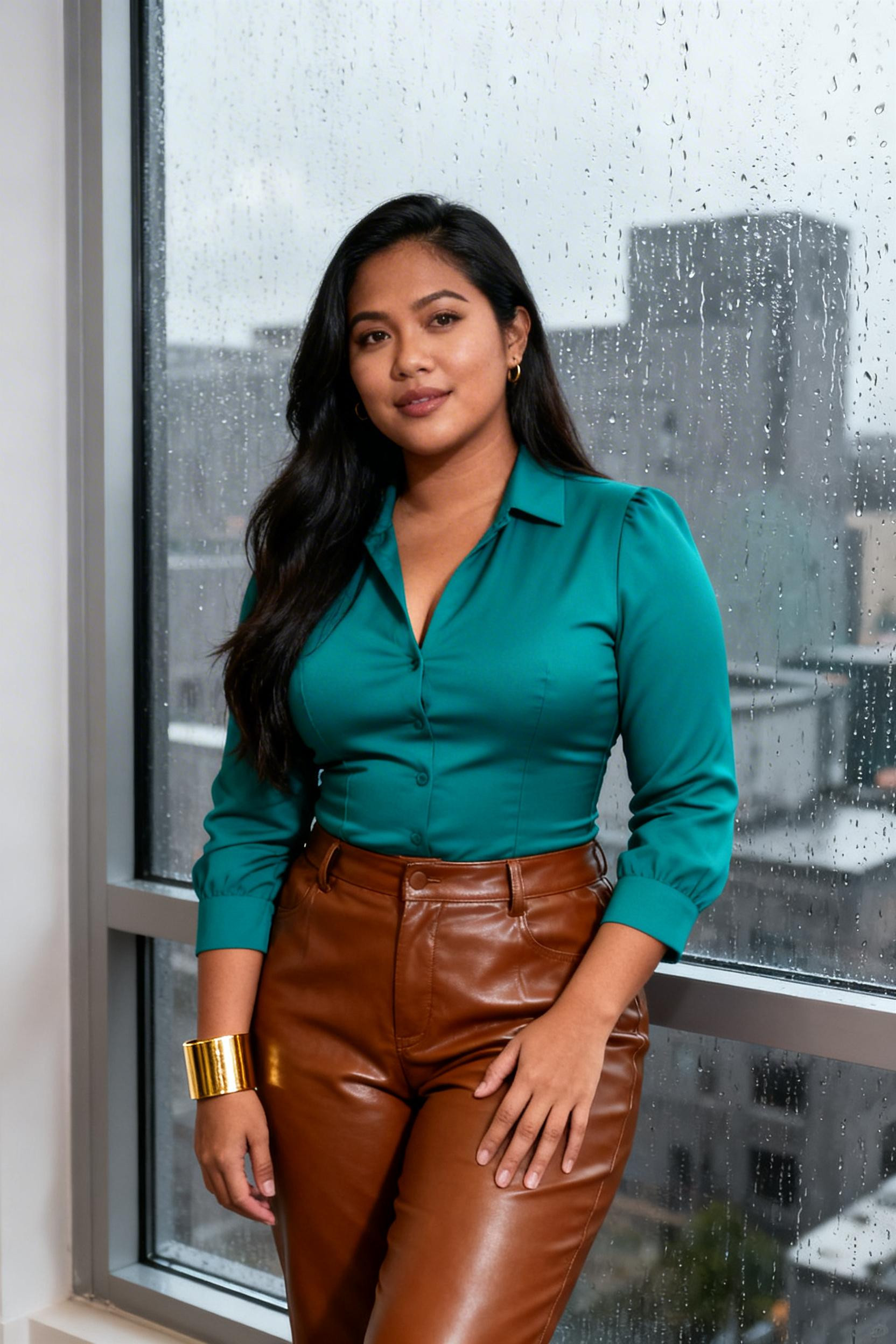 Work Outfits Women Mid Size - teal blouse cognac pants
