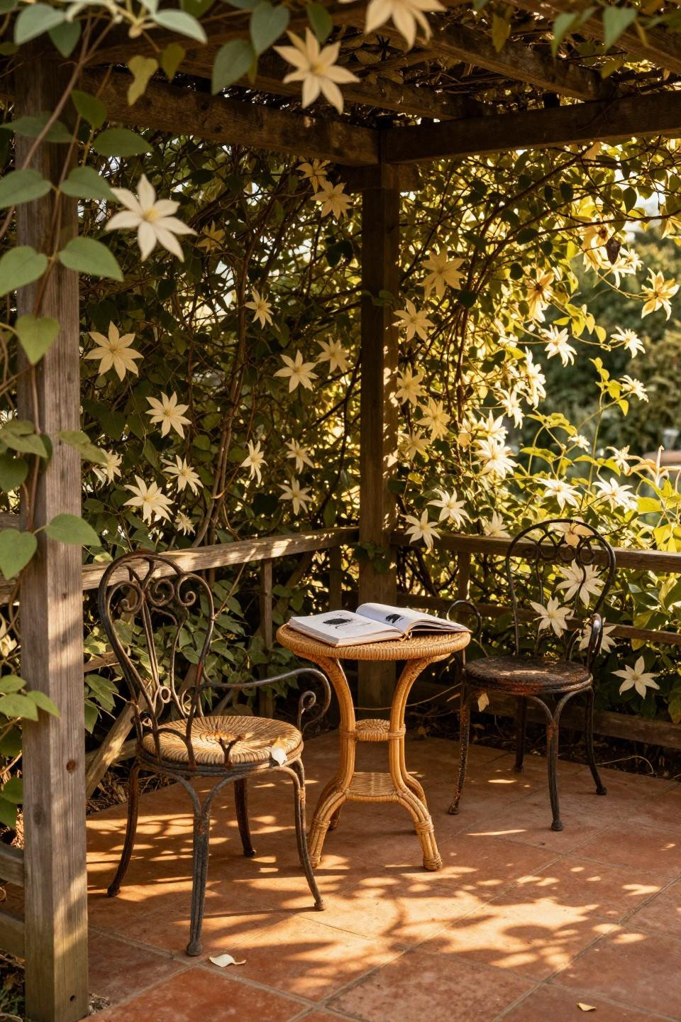 Grow a garden Roblox ideas with wrought iron chair under dense vine canopy