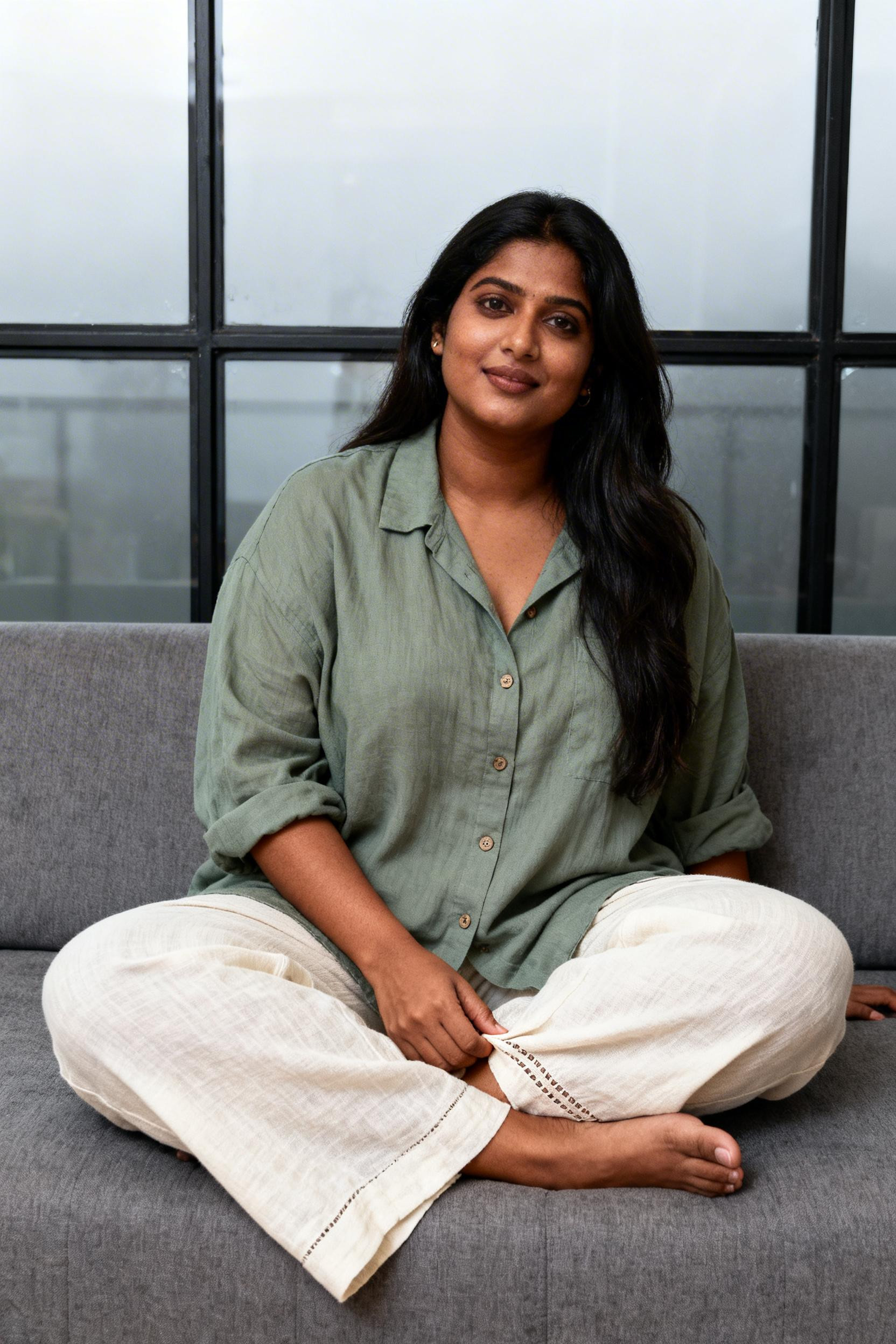 Chubby Office Outfit - sage shirt linen trousers