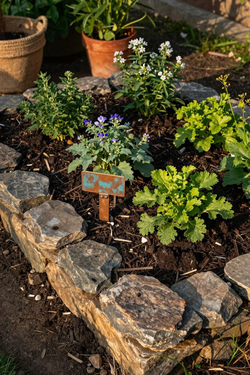 Grow a garden Roblox ideas with irregular stacked slate and flowering herbs