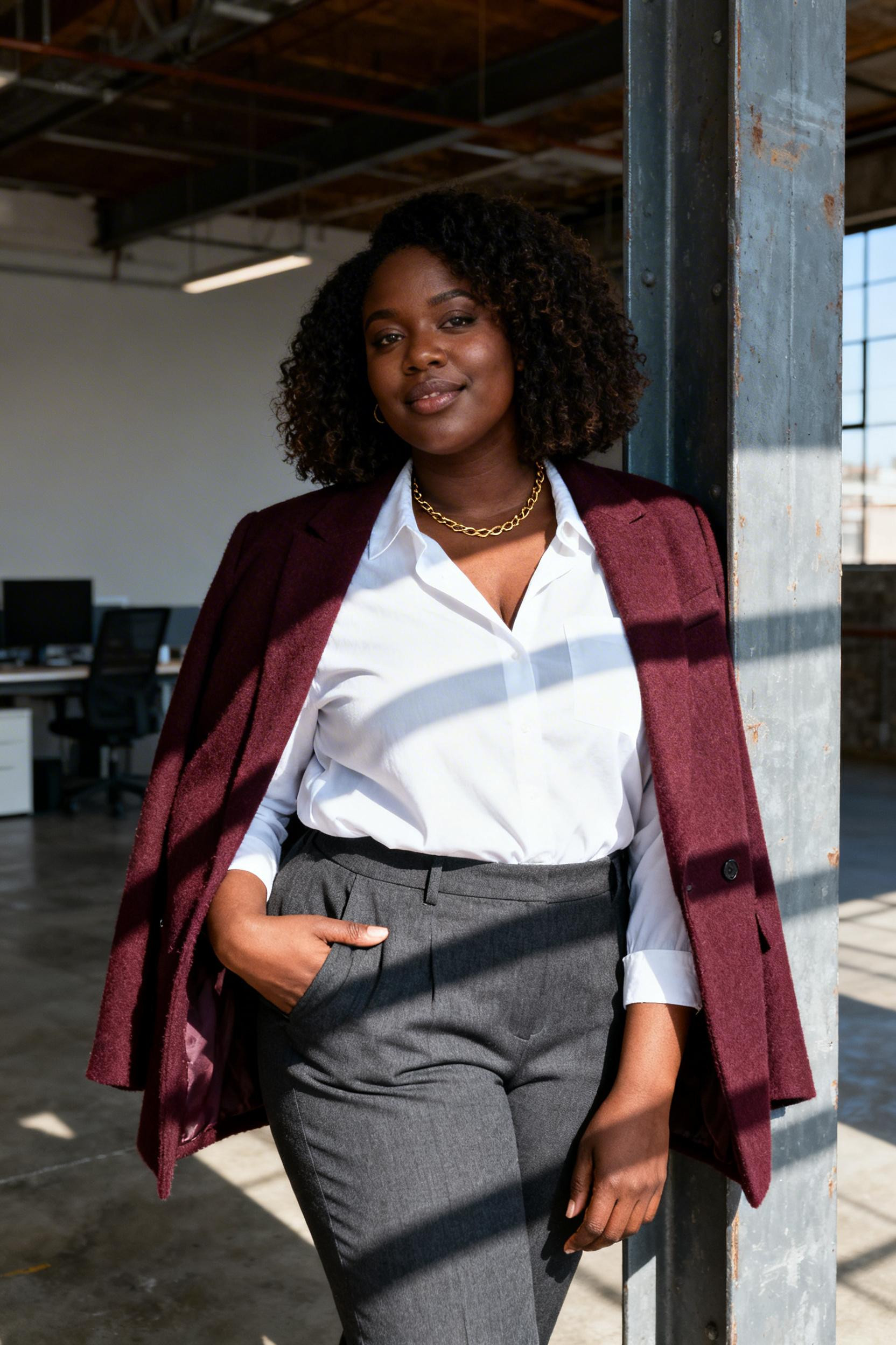 Midsize Outfits Work - burgundy blazer grey trousers