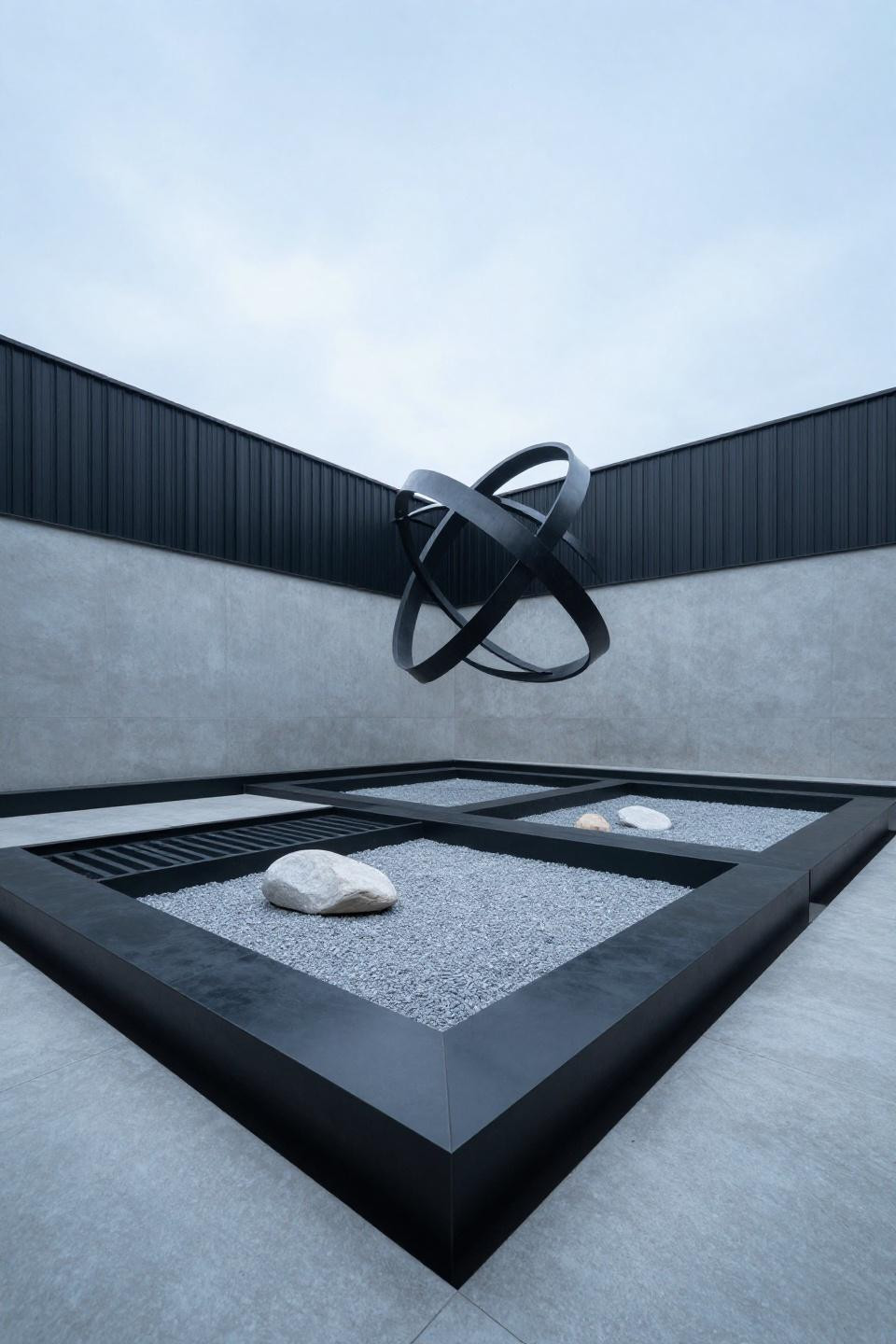Grow a garden Roblox ideas showing tiered black planter boxes in sunken courtyard