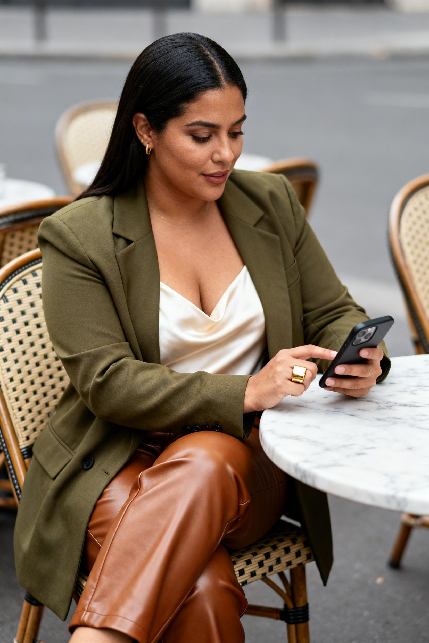 Office Outfits For Curvy Women - olive blazer cognac trousers