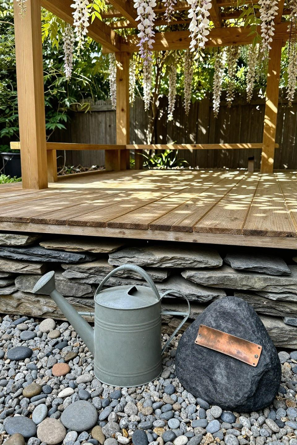 Grow a garden Roblox ideas with slate wall and wisteria pergola