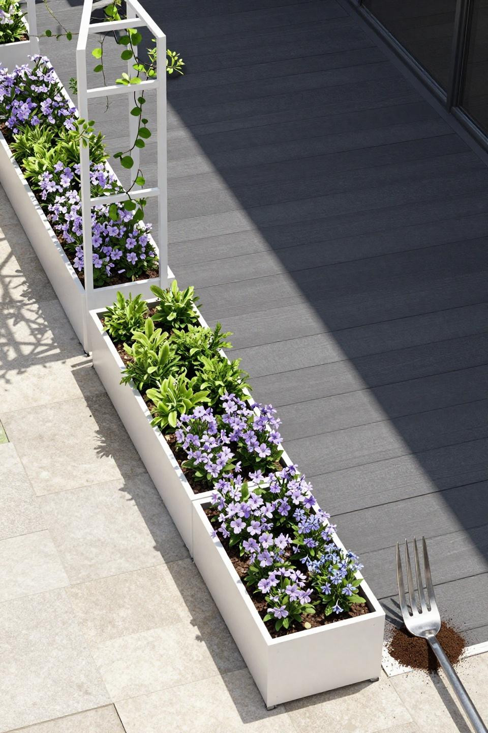 Bloxburg house ideas exterior with charcoal deck and white metal planters