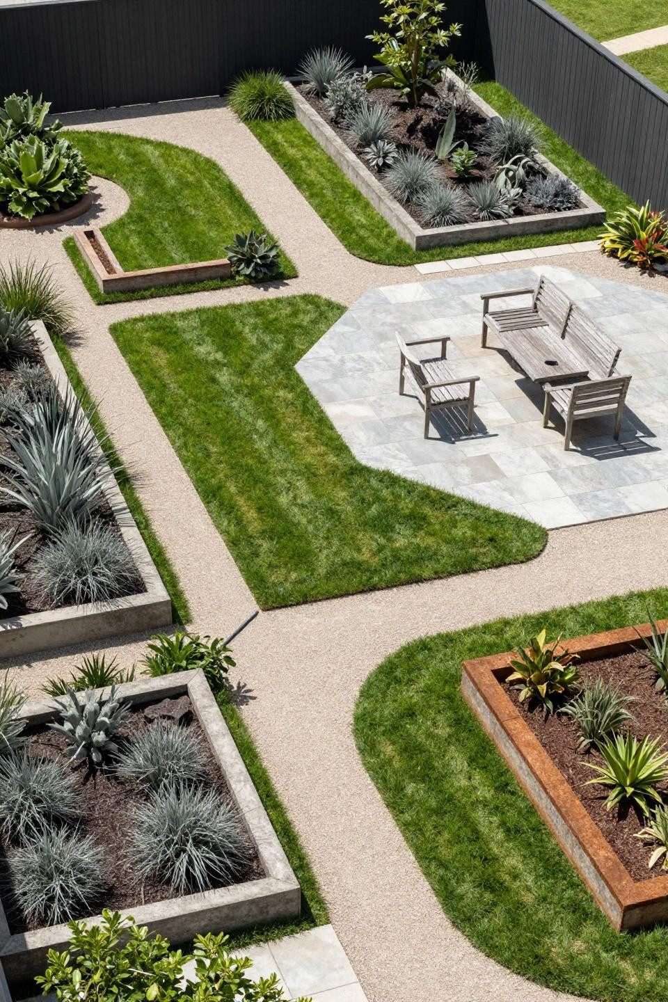 Bloxburg layout ideas showing aerial view of geometric zoned backyard