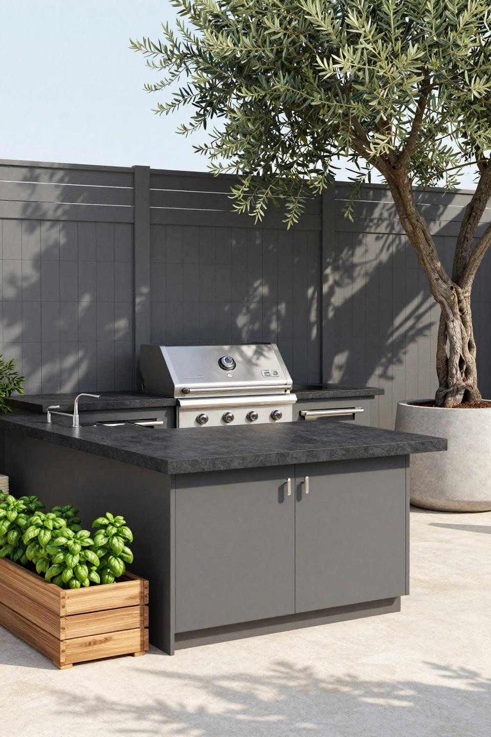 Bloxburg outdoor kitchen with dark composite counter and stainless grill