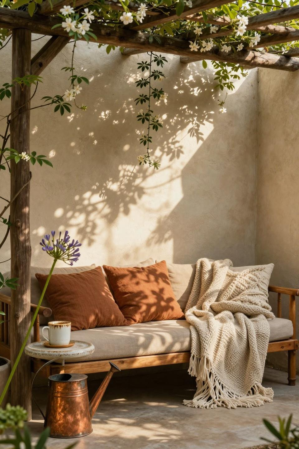Bloxburg patio ideas with cozy daybed and jasmine vines in alcove