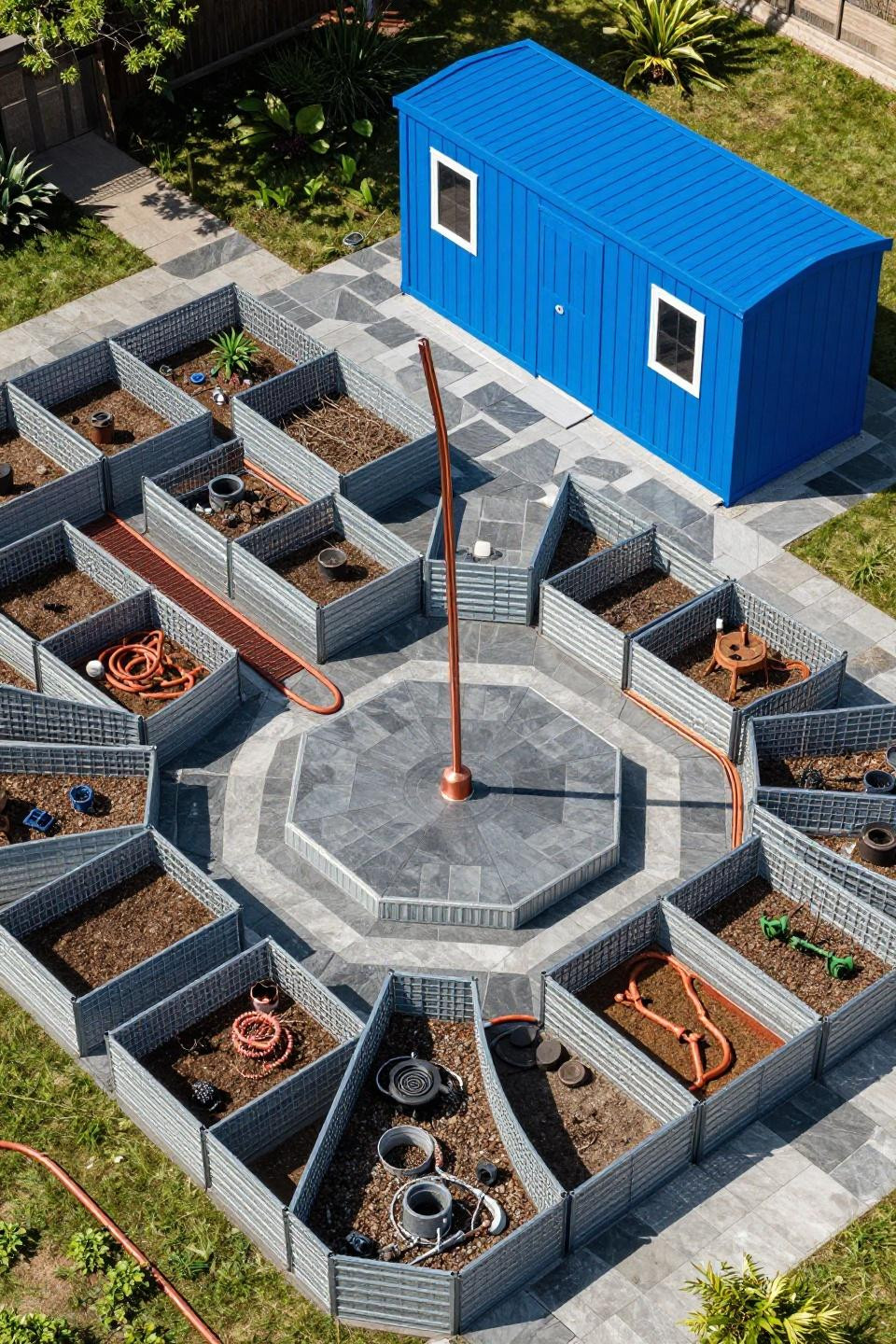 Bloxburg farm setup with offset galvanized steel raised beds in grid pattern