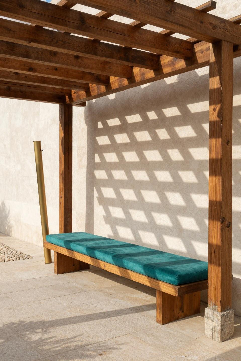 Bloxburg landscaping with staggered teak beam pergola casting shadow grid
