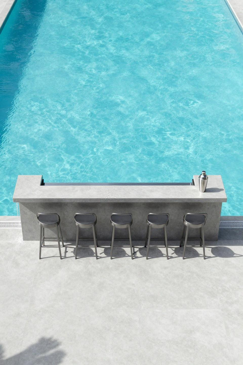 House inspo Bloxburg featuring modern poolside bar with concrete waterfall edge