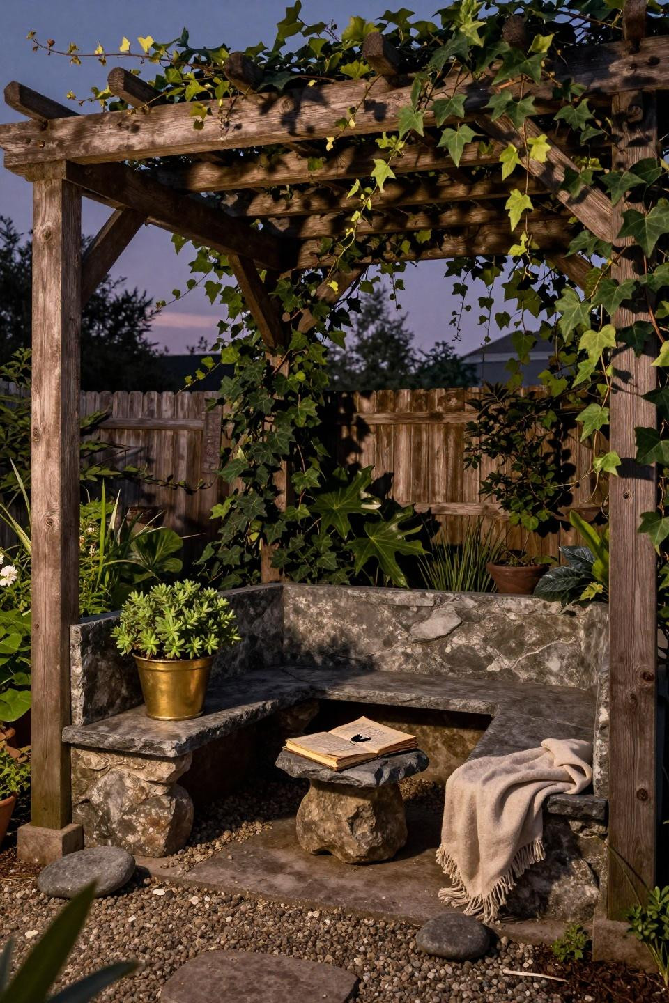 Outdoor kitchen Bloxburg setup with slate bench and ivy-covered pergola