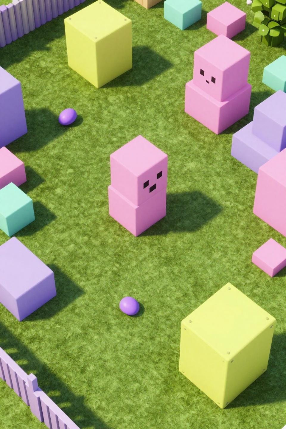 Bloxburg garden ideas aesthetic with pastel geometric stepping stones on bright turf
