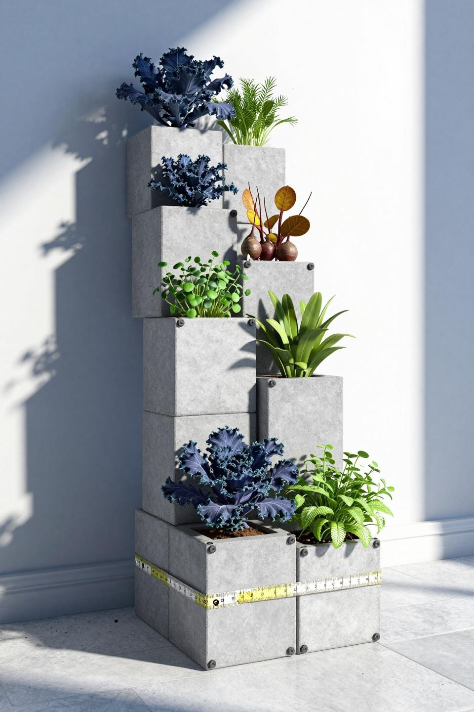 Bloxburg backyard ideas with stacked concrete cube planters and geometric shadows