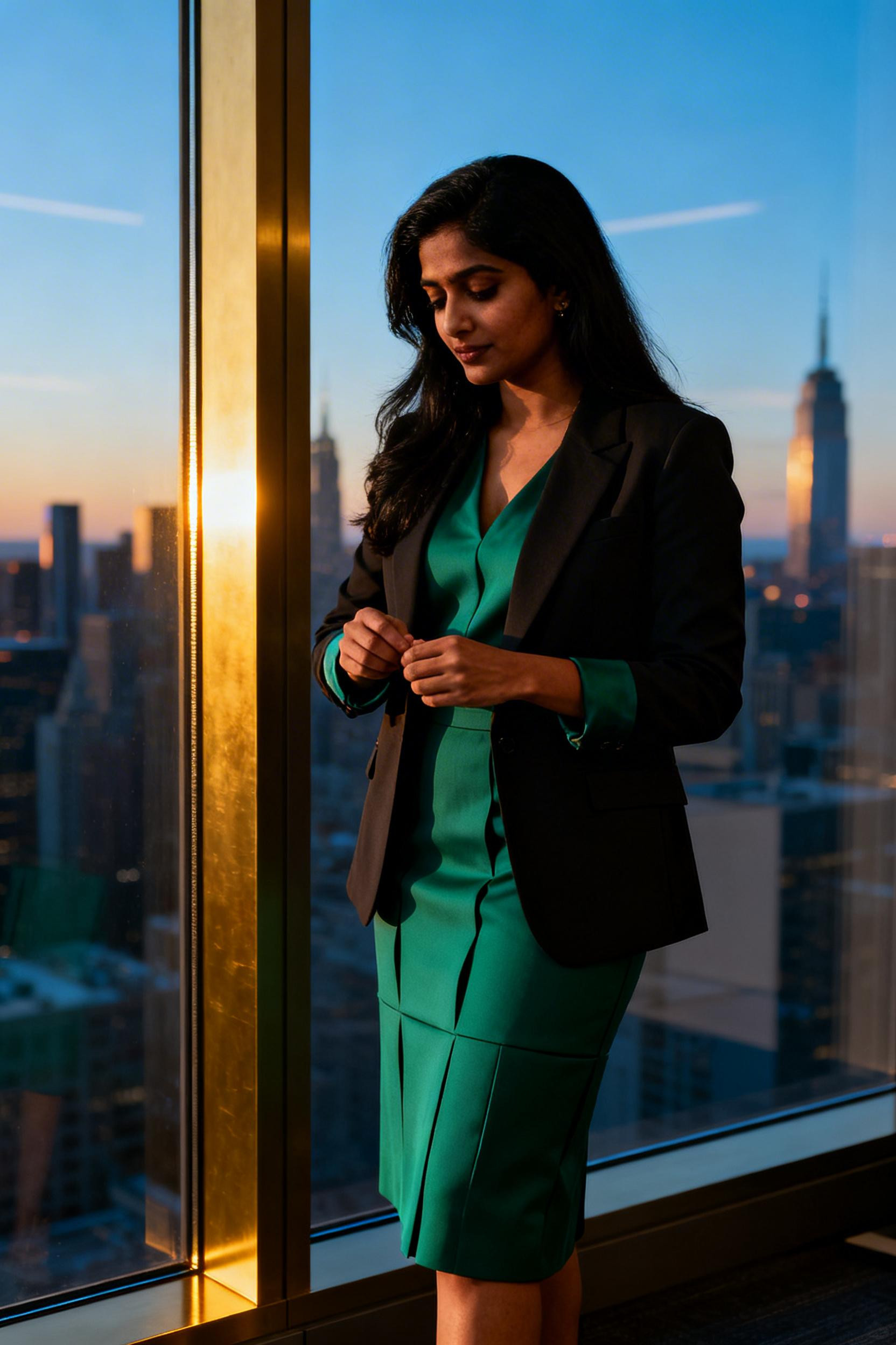 Office Wear Dresses - emerald midi with blazer