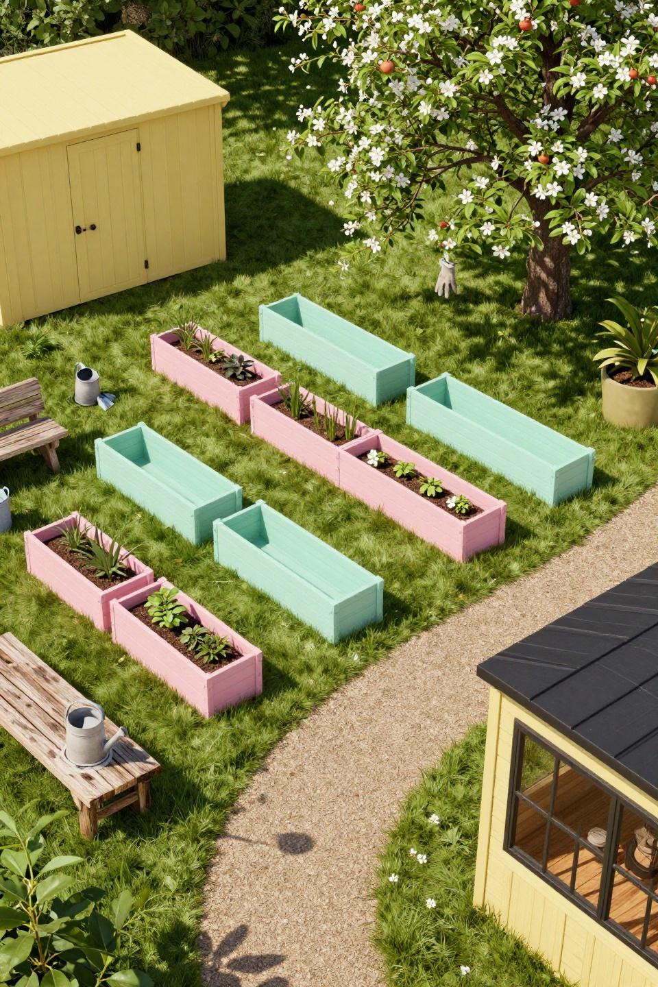 Grow a garden Roblox ideas featuring pink and mint planter boxes in diagonal layout
