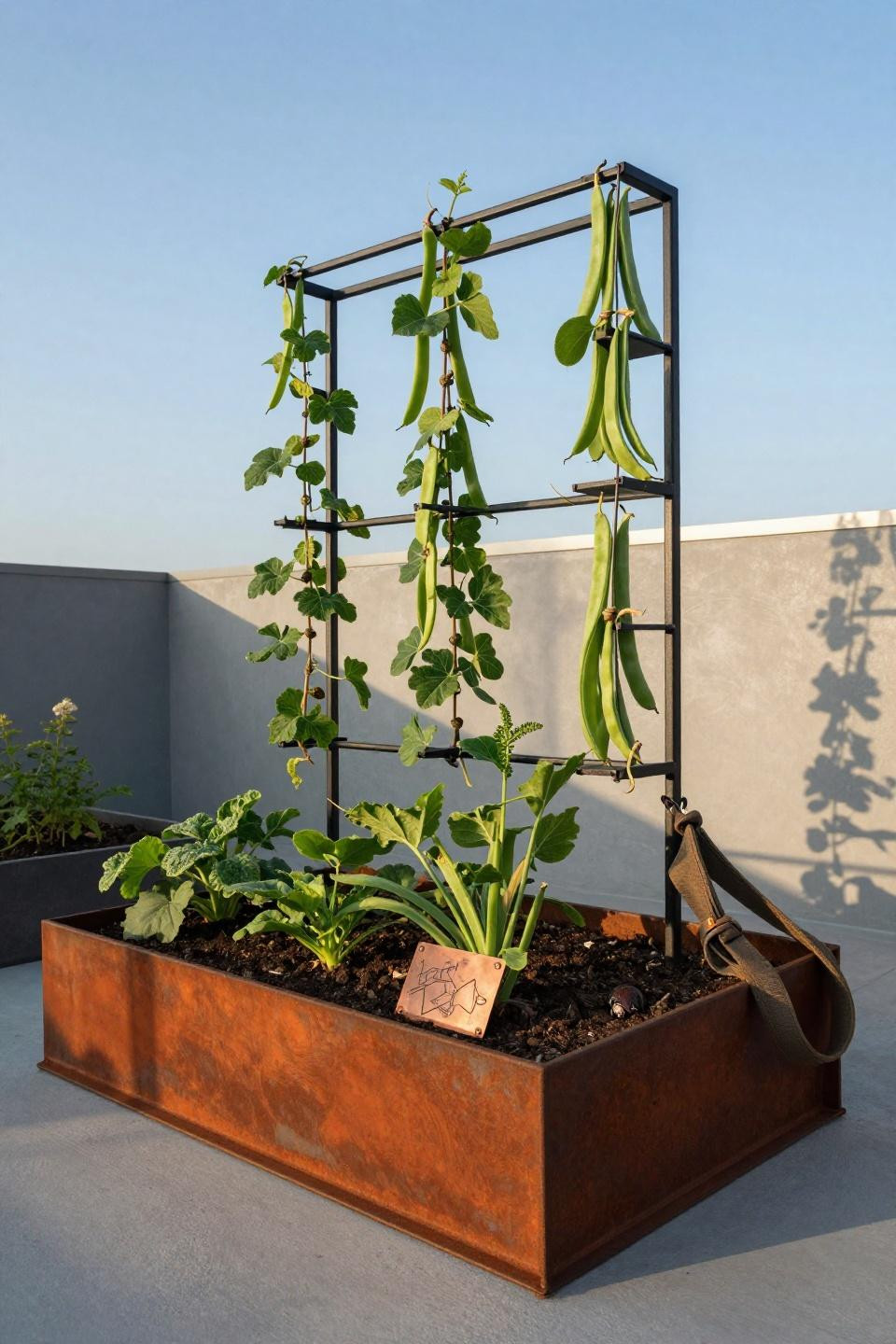 Grow a garden Roblox ideas with stacked corten frames and black metal trellises