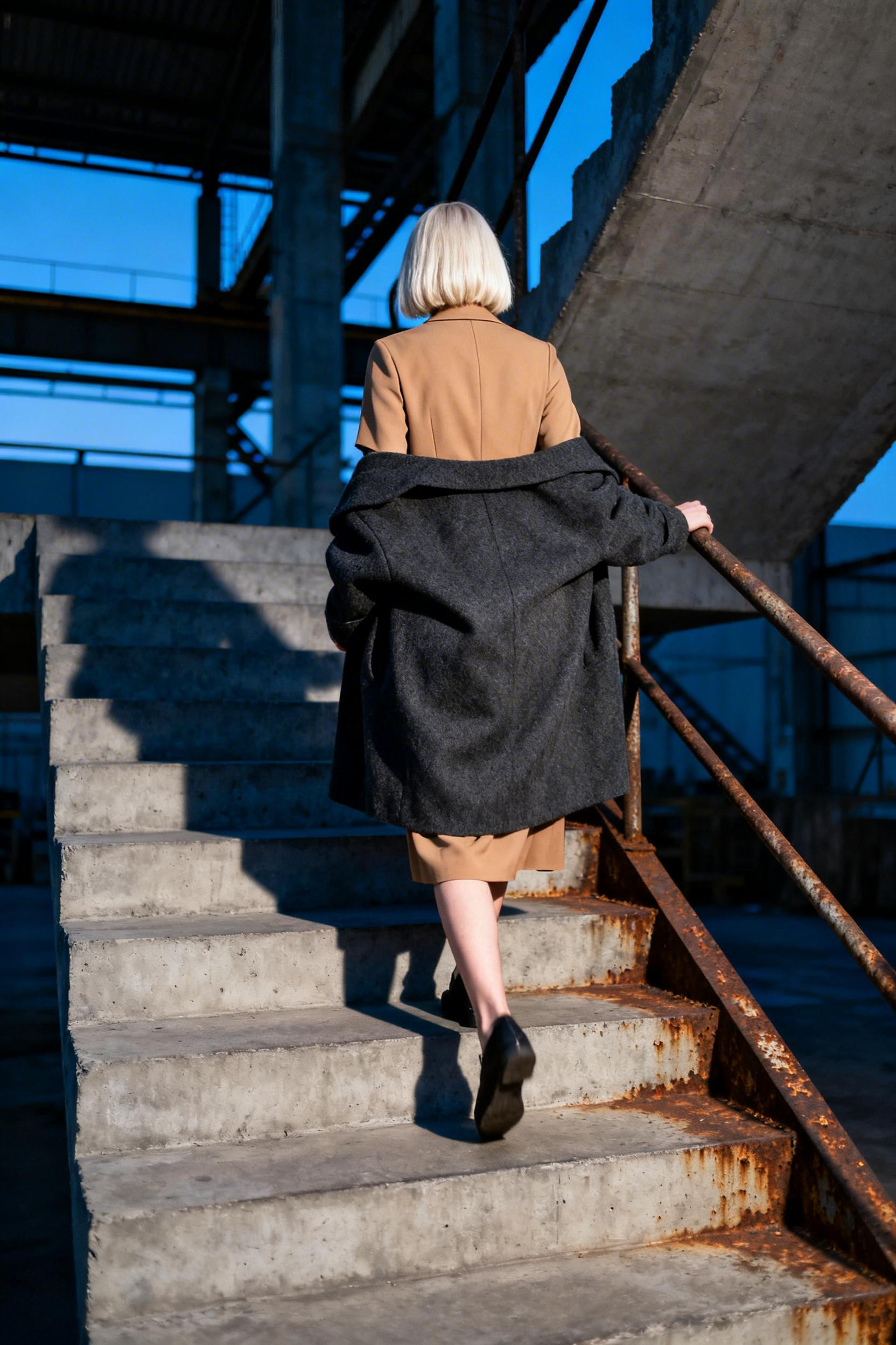 Corporate Outfits Dress - camel shift with grey coat