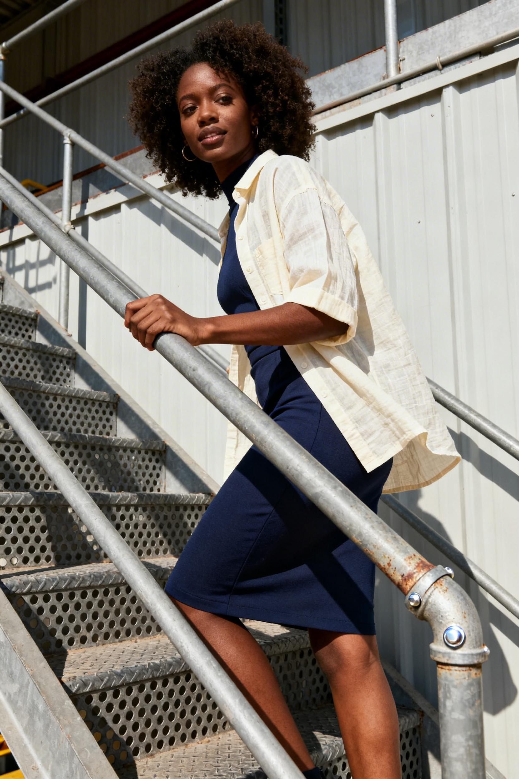 Elegant Work Dress - navy sheath with overshirt