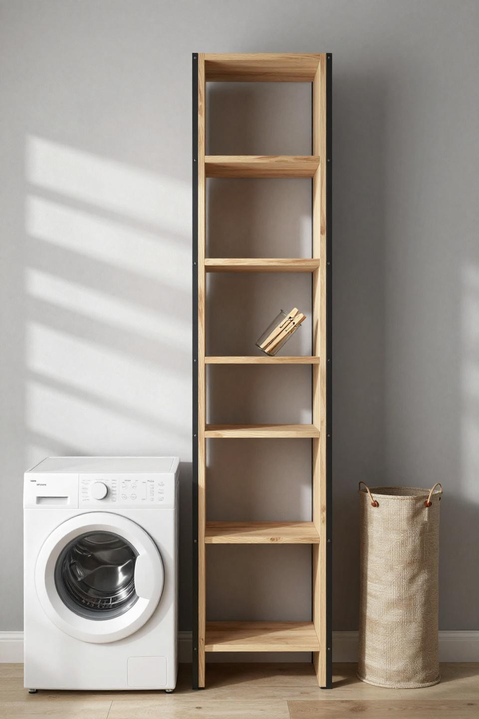 Grow a garden Roblox ideas with Japandi pine shelving laundry room