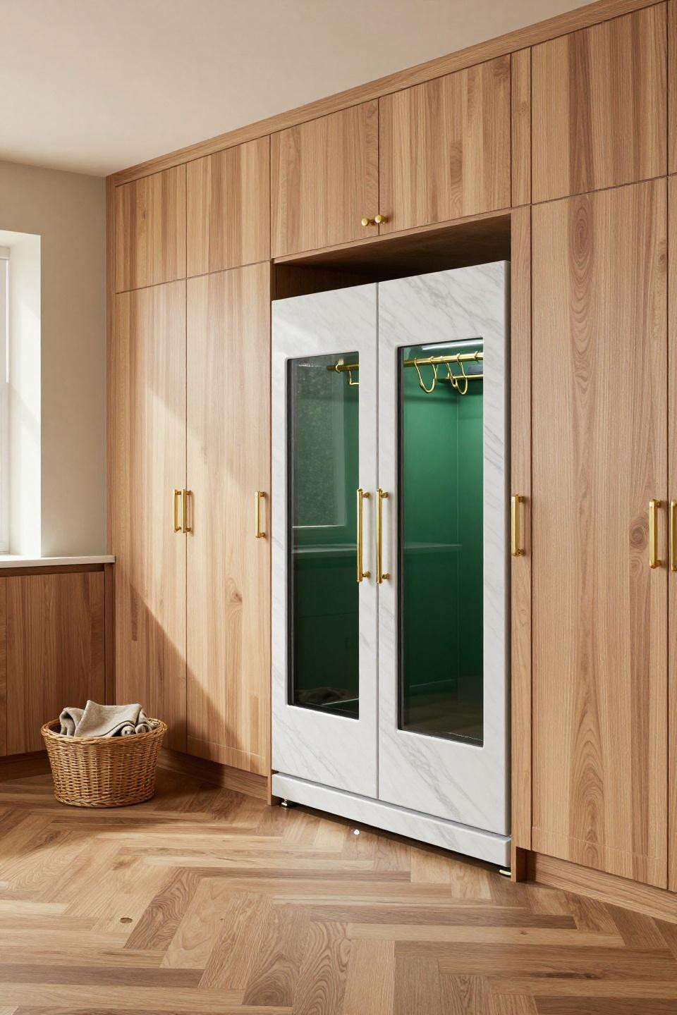 Grow a garden Roblox ideas featuring walnut cabinetry laundry room