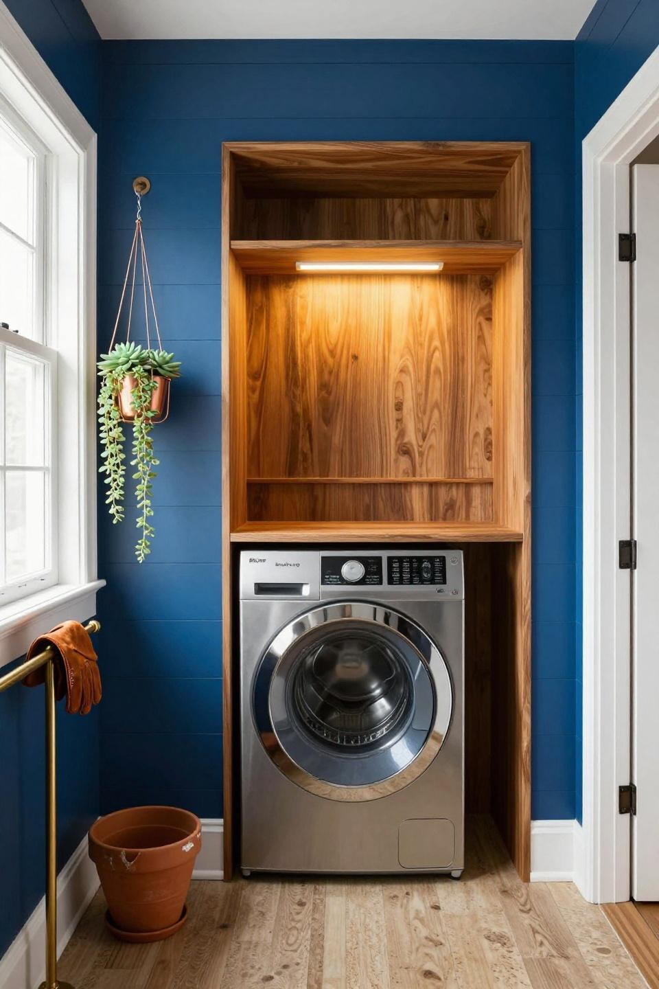 Bloxburg landscaping inspired navy blue laundry room with walnut shelving