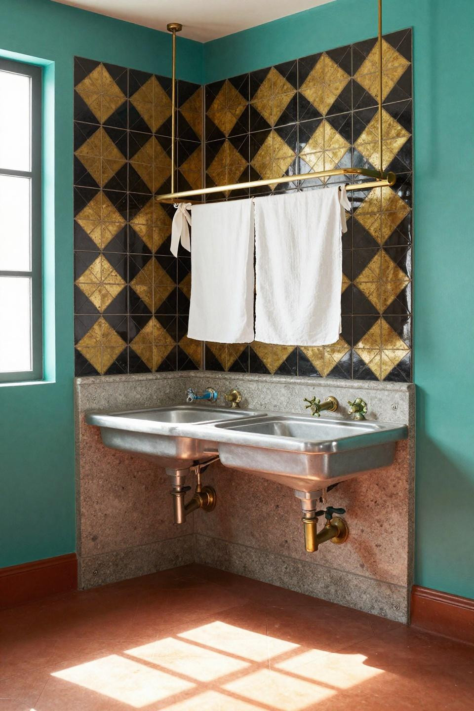 Bloxburg laundry room ideas with art deco black and gold geometric tiles