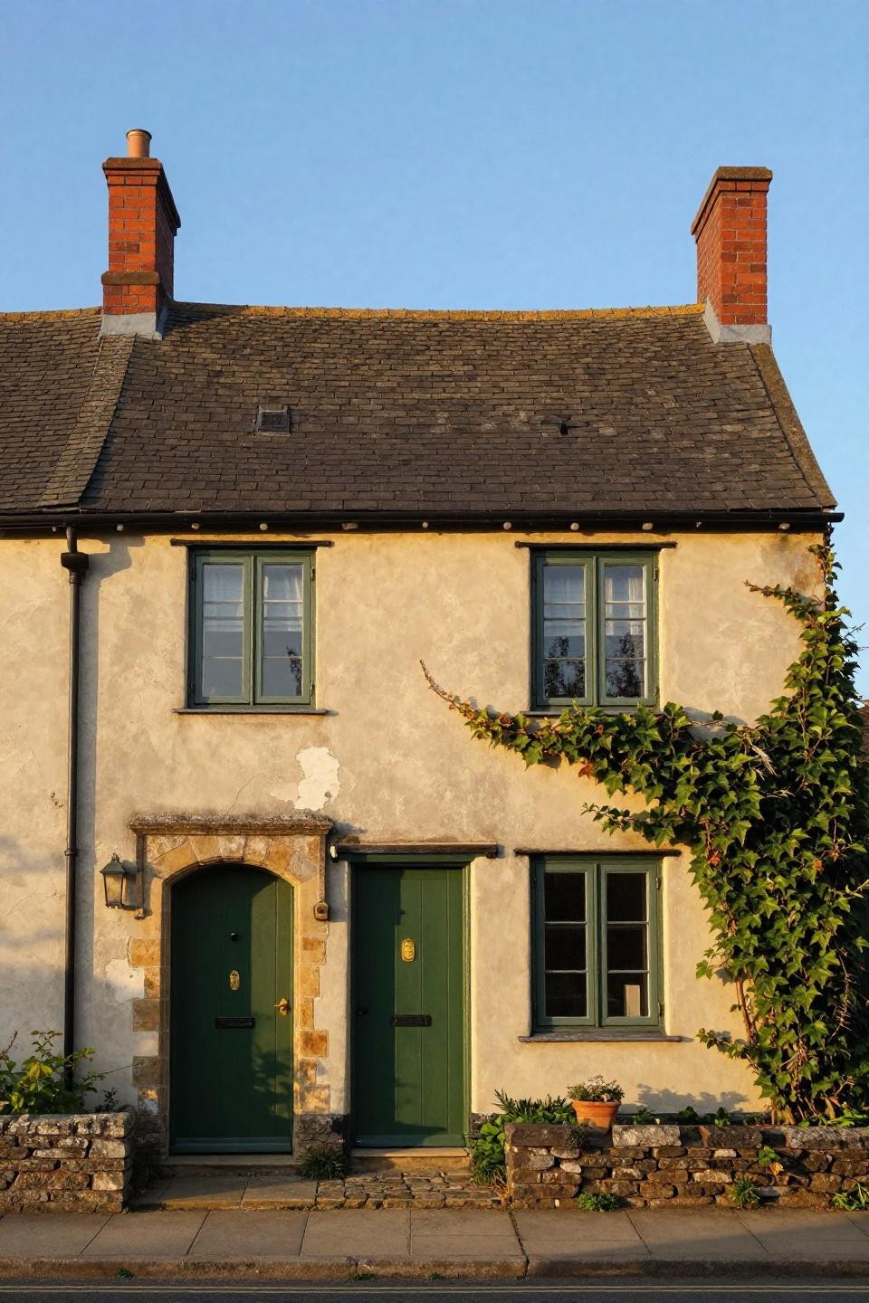 Bloxburg cottage exterior with cream render walls and forest green door