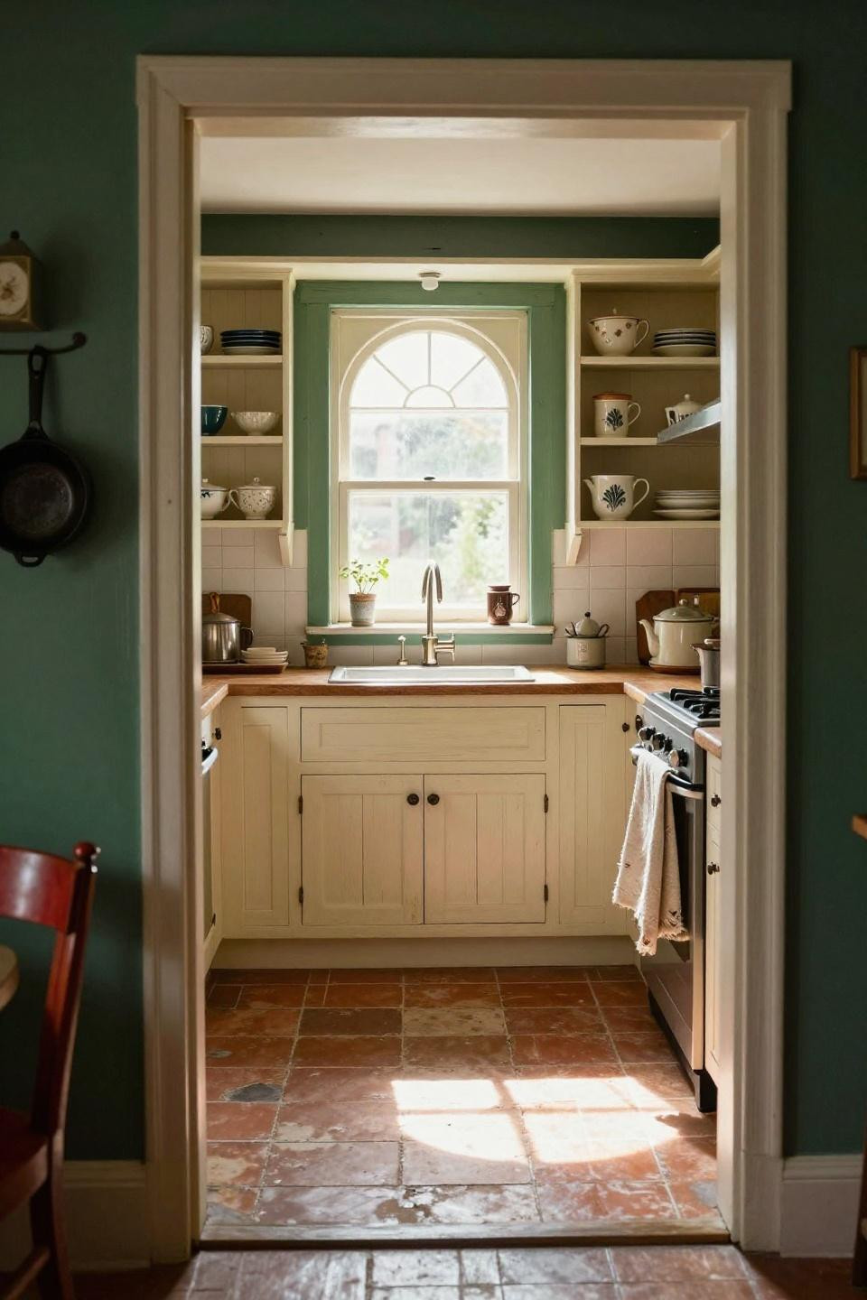 Bloxburg cottage house ideas kitchen with vintage ceramics and arched window