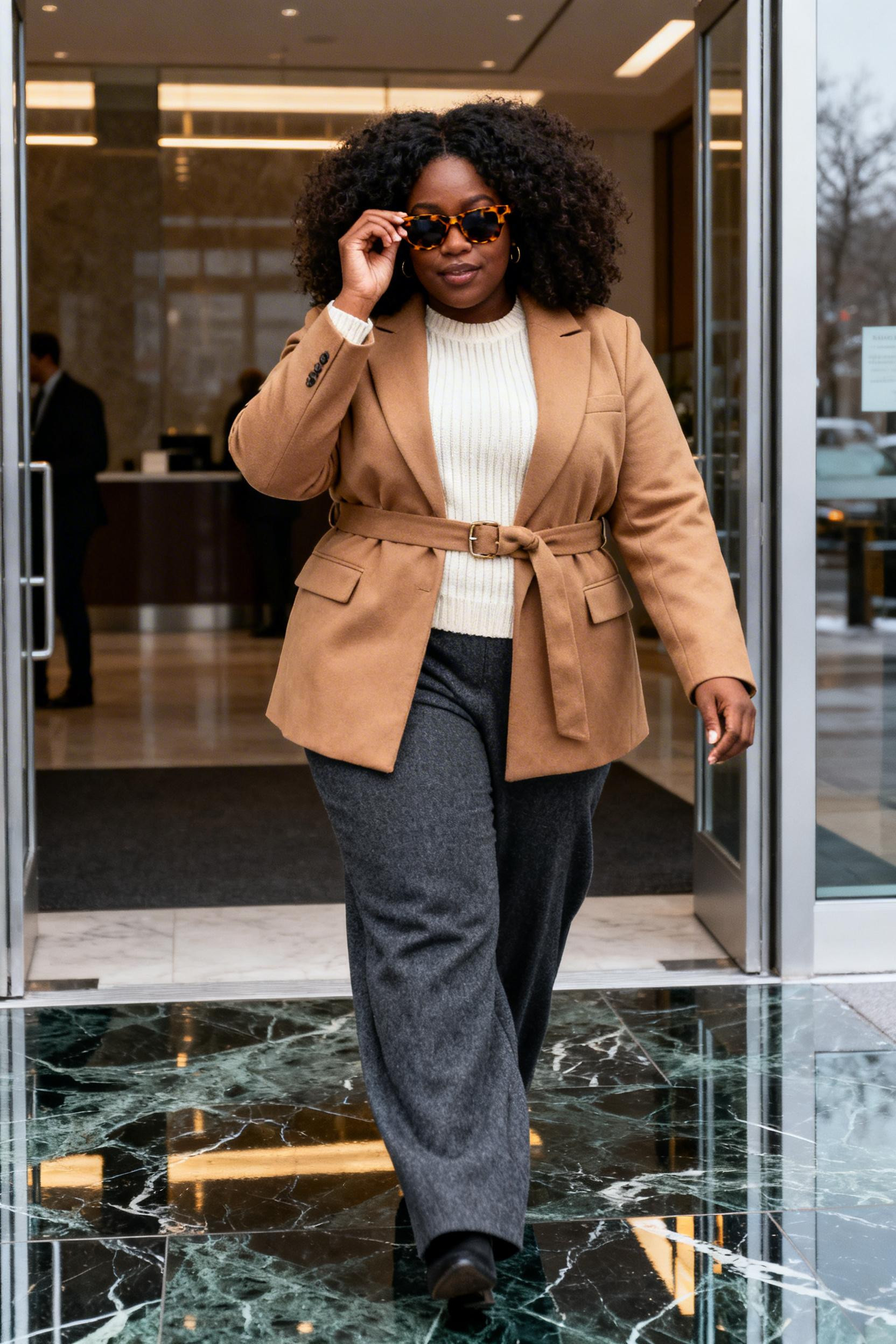 Midsize Office Outfits Women - camel grey wide leg