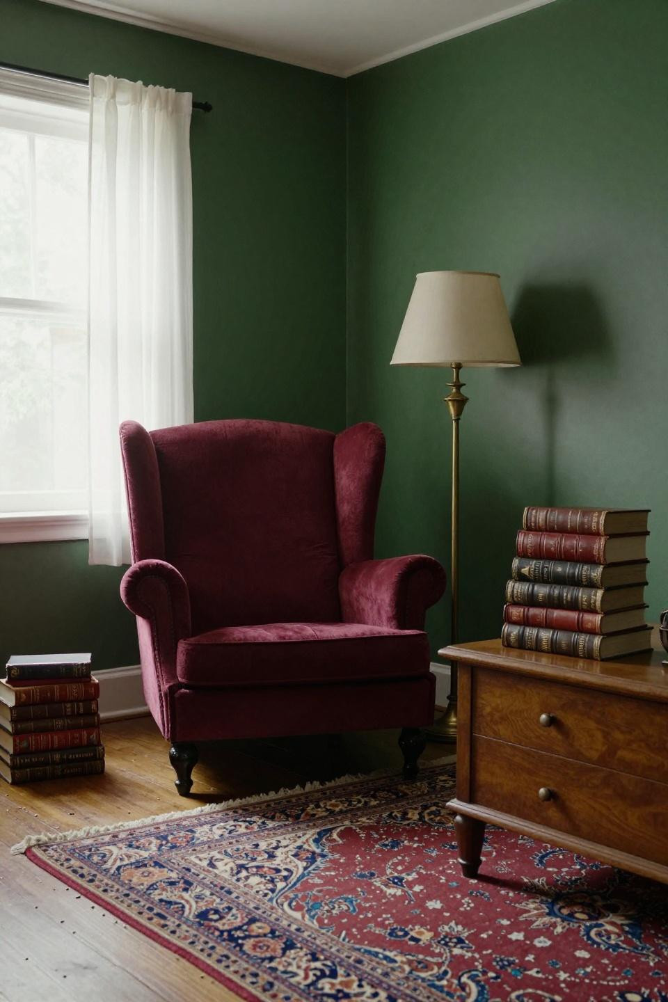 Cottagecore Bloxburg sitting room with vintage armchair and brass floor lamp
