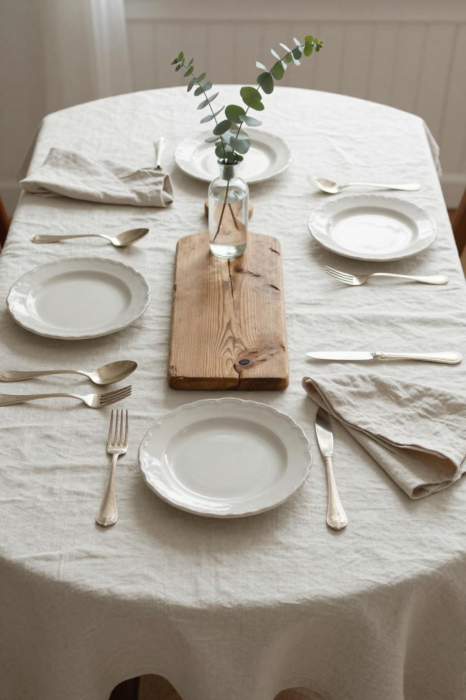 Italian Bloxburg house dining setup with vintage silverware and linen tablecloth