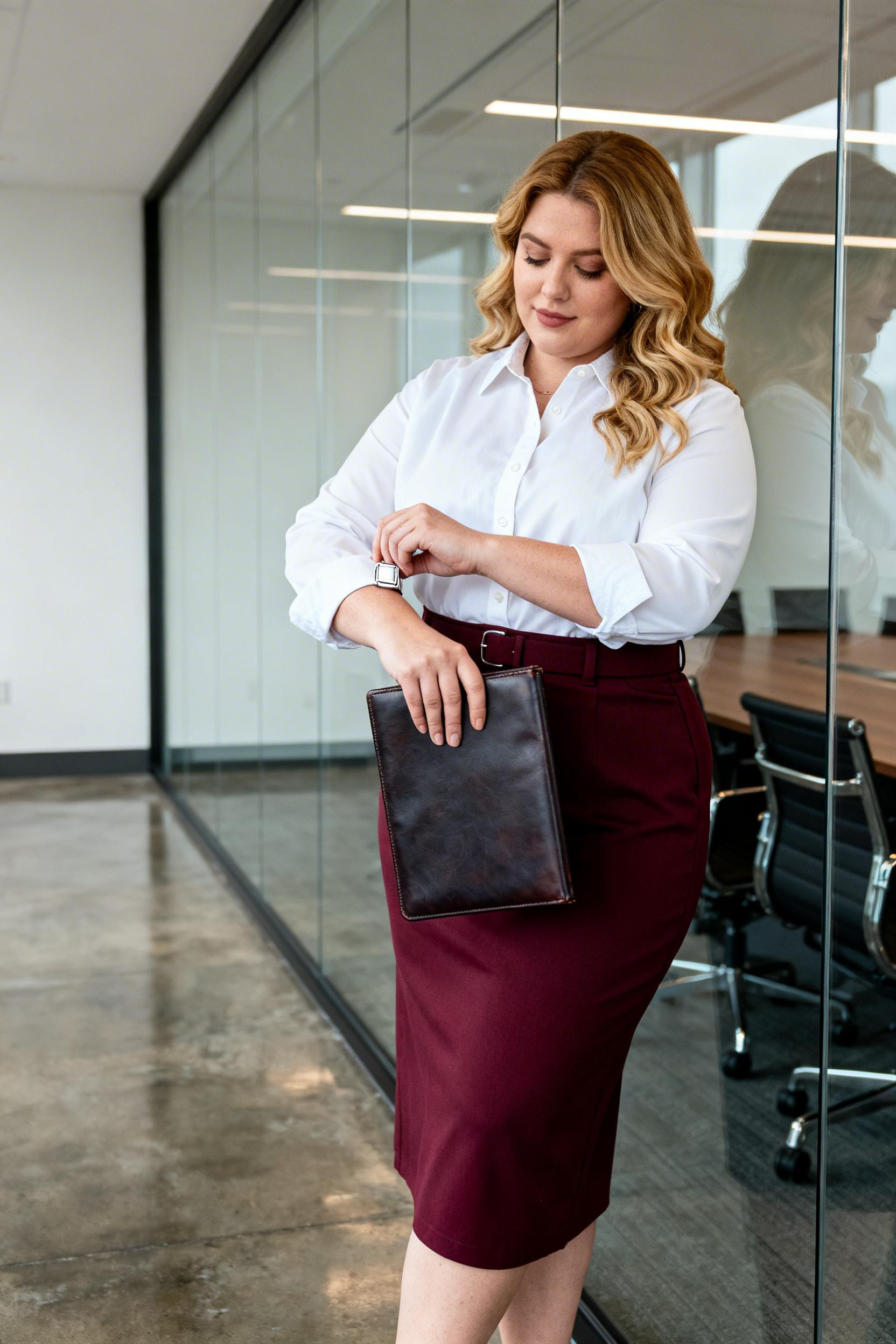 Conference Outfits Women - white shirt burgundy skirt