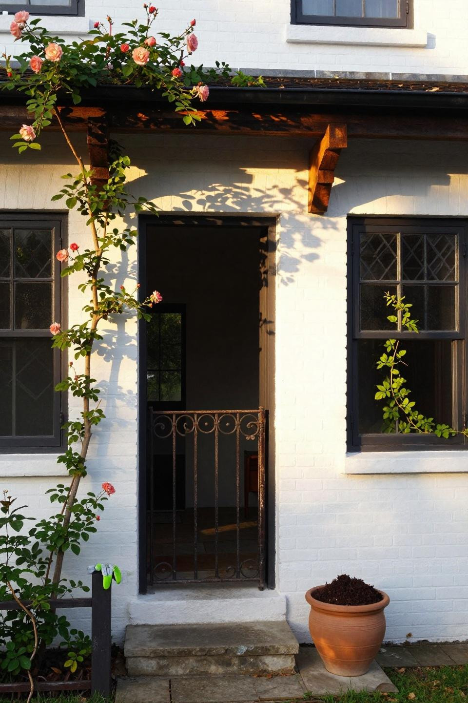 Bloxburg garden ideas exterior with climbing roses and wrought-iron gate