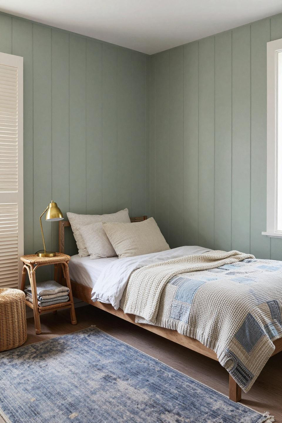Bloxburg house inspo bedroom with soft sage paneling and chunky knit textures