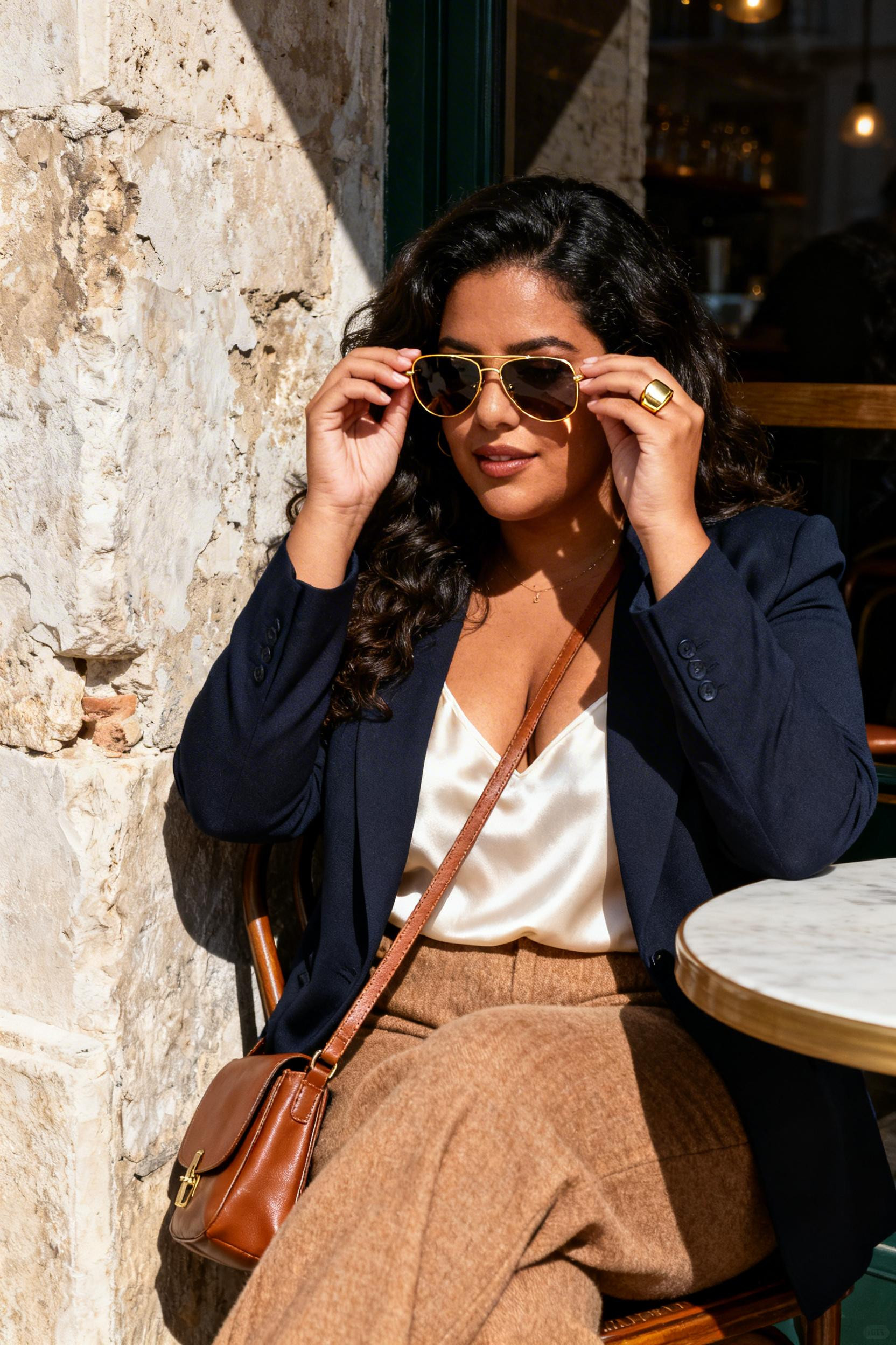 Chubby Office Outfit - navy blazer wide leg