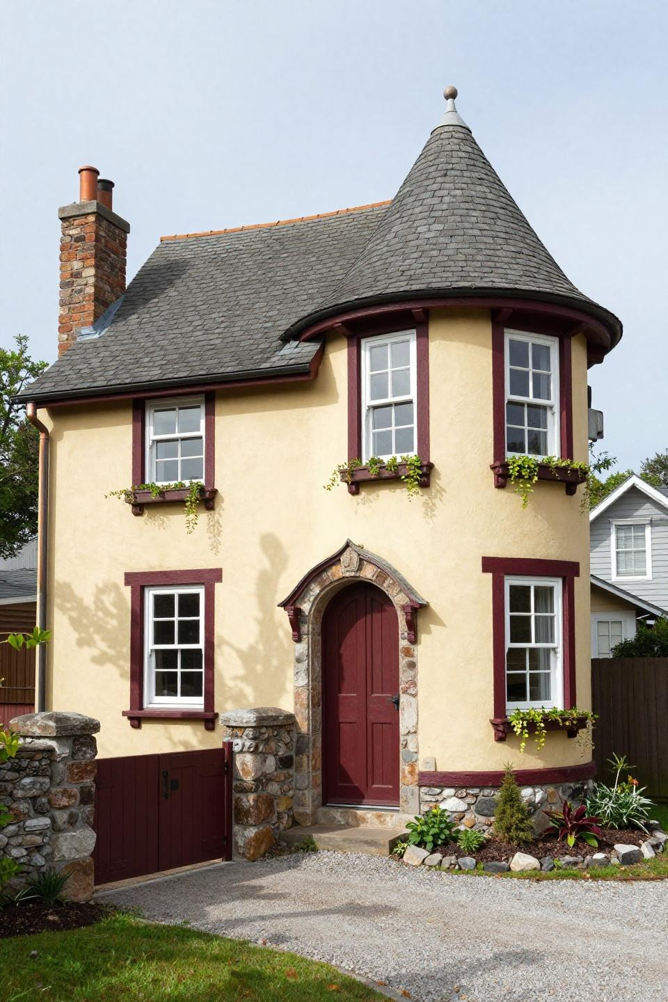 Cute Bloxburg houses exterior with rounded turret and burgundy timber framing