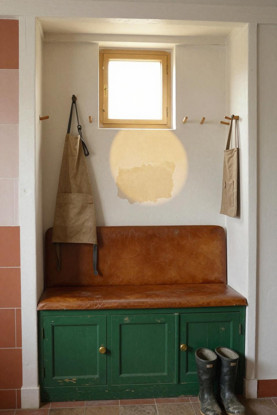 Bloxburg house aesthetic mudroom with cognac leather bench and forest green cabinetry