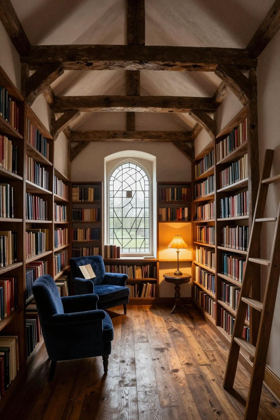 Cottagecore Bloxburg house library with timber beams and velvet reading chair