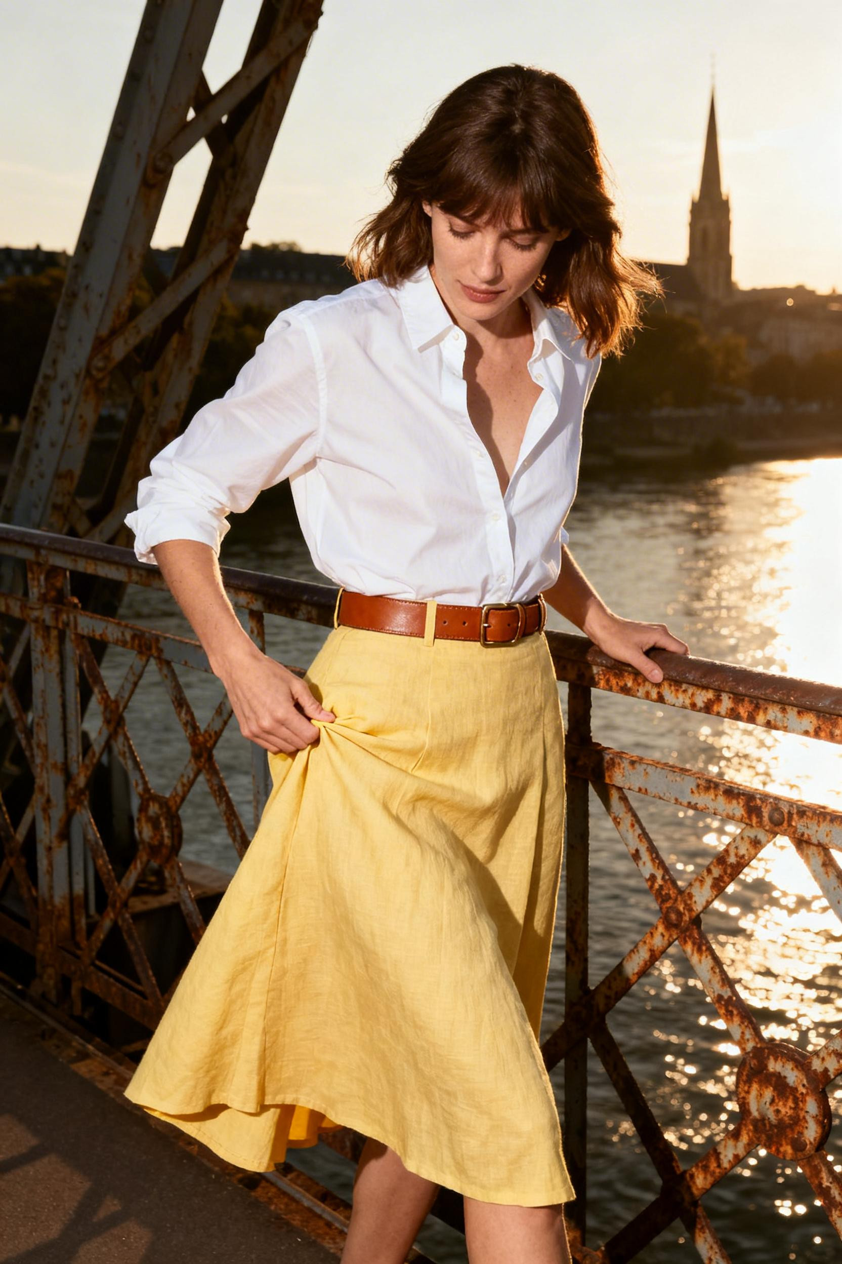 Midi Skirt Work Outfit - butter yellow linen