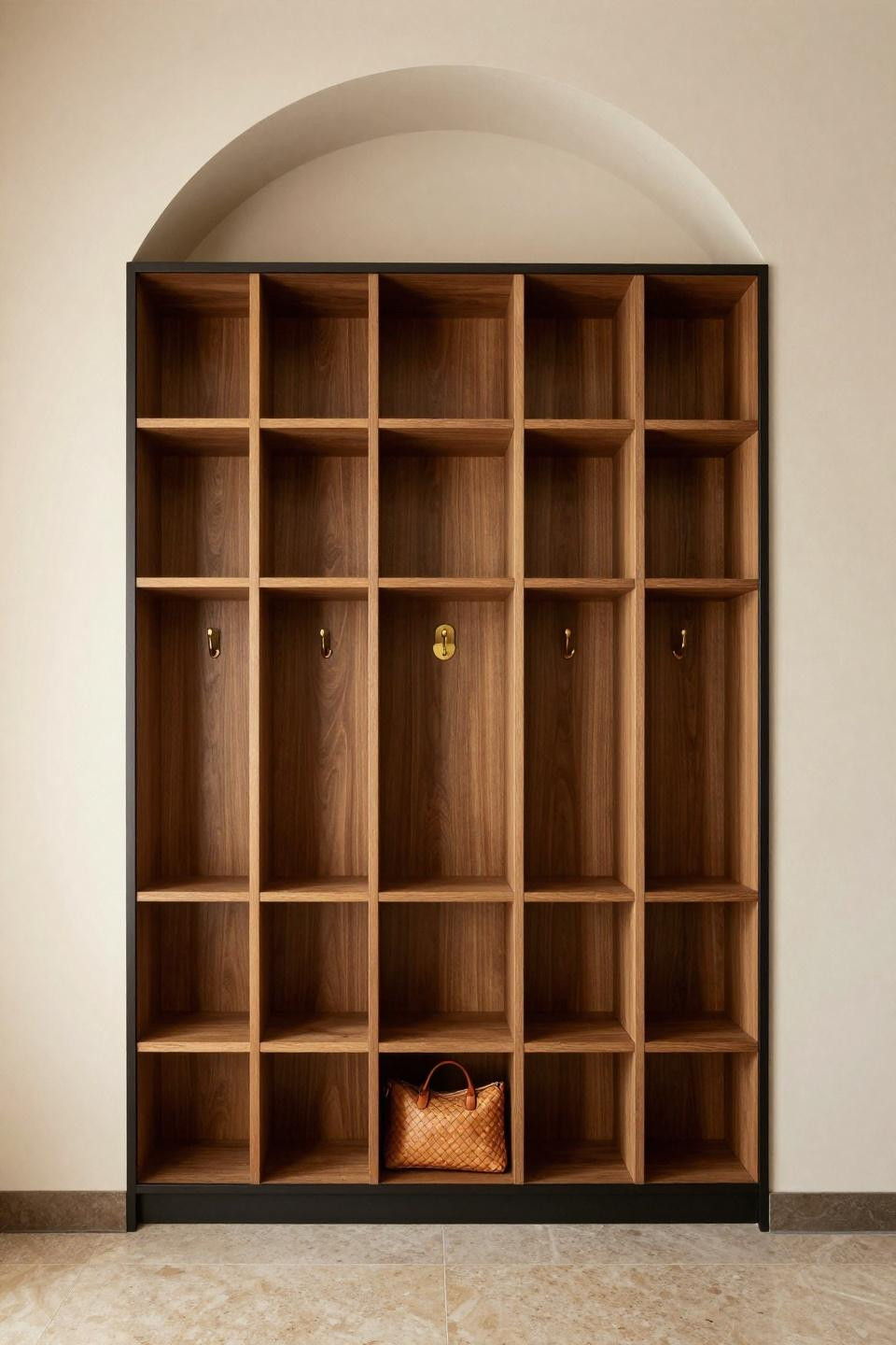 Bloxburg stairs ideas with custom walnut built-in lockers