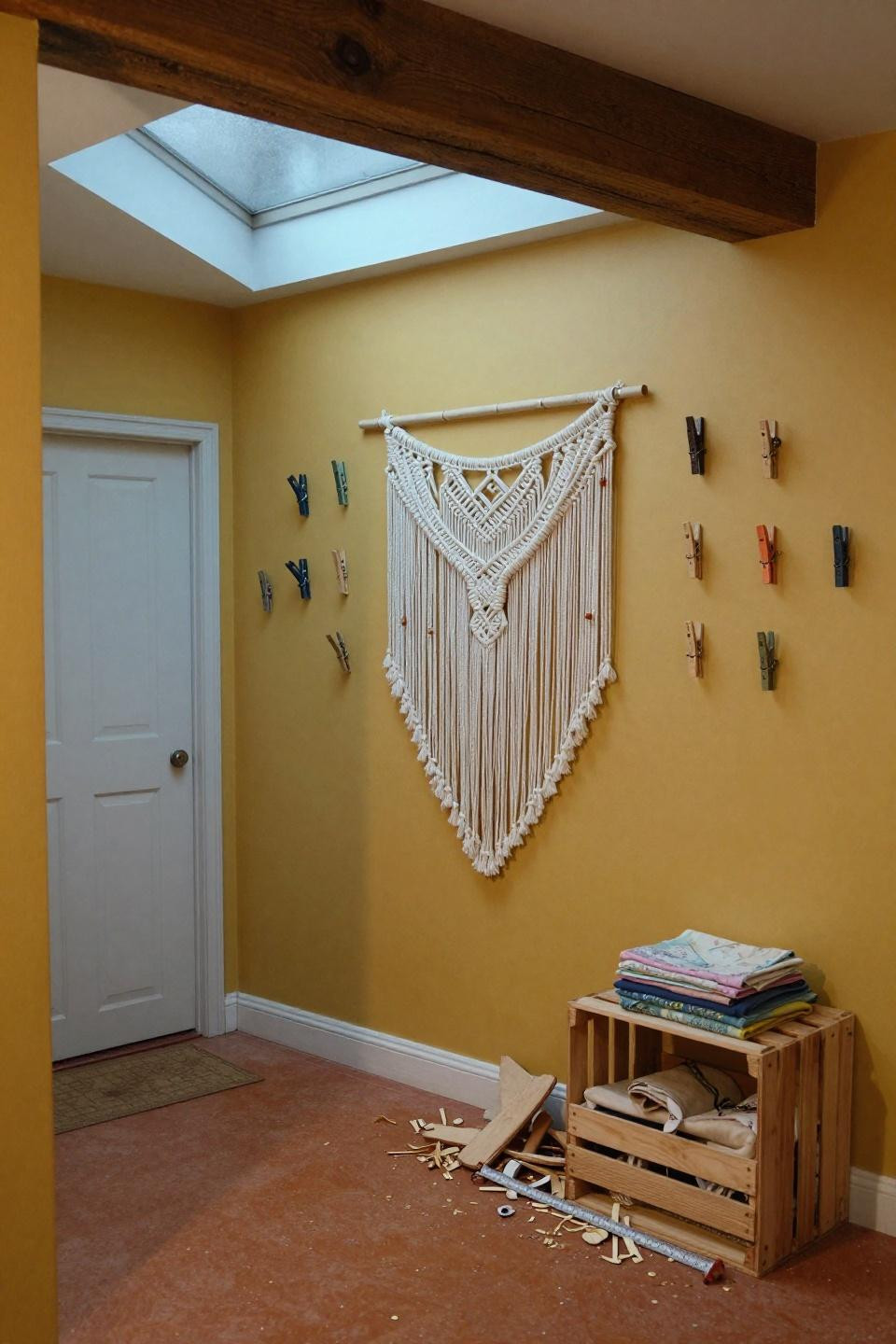 Space fillers Bloxburg with mustard yellow wall and vintage coat pegs